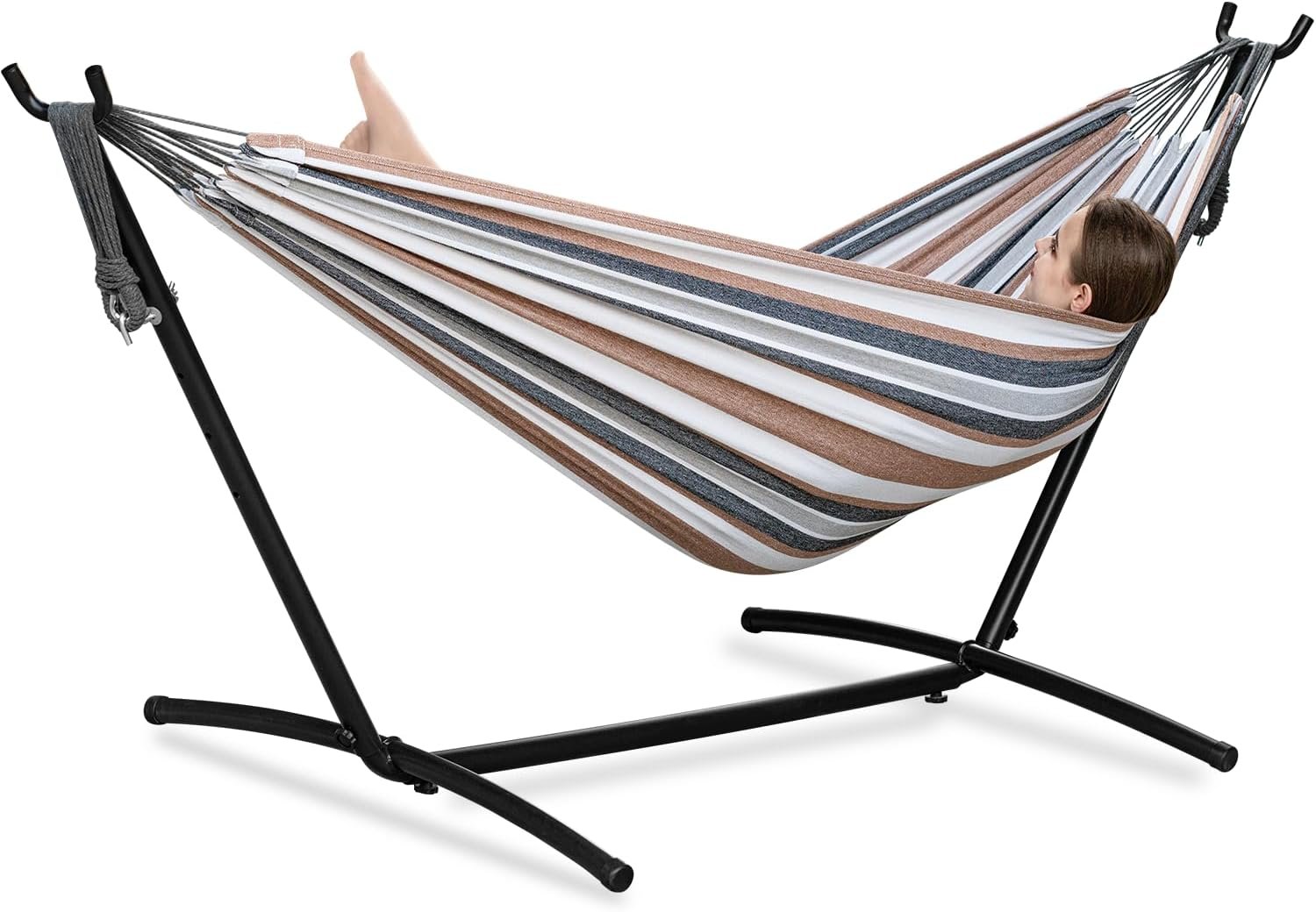 Double Hammocks with Stand for Outside, Portable Space Saving Heavy-Duty Steel Frame for Indoor Outdoor Patio Yard, Easy Assembly, 2 Person 450 lbs Capacity (Coffee)