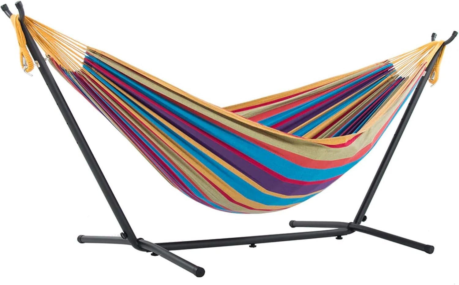Vivere Double Cotton Hammock with Space Saving Steel Stand, Upgraded Polyester End Strings 450 lb Capacity – Premium Carry Bag Included – USA Grown Cotton (Tropical)