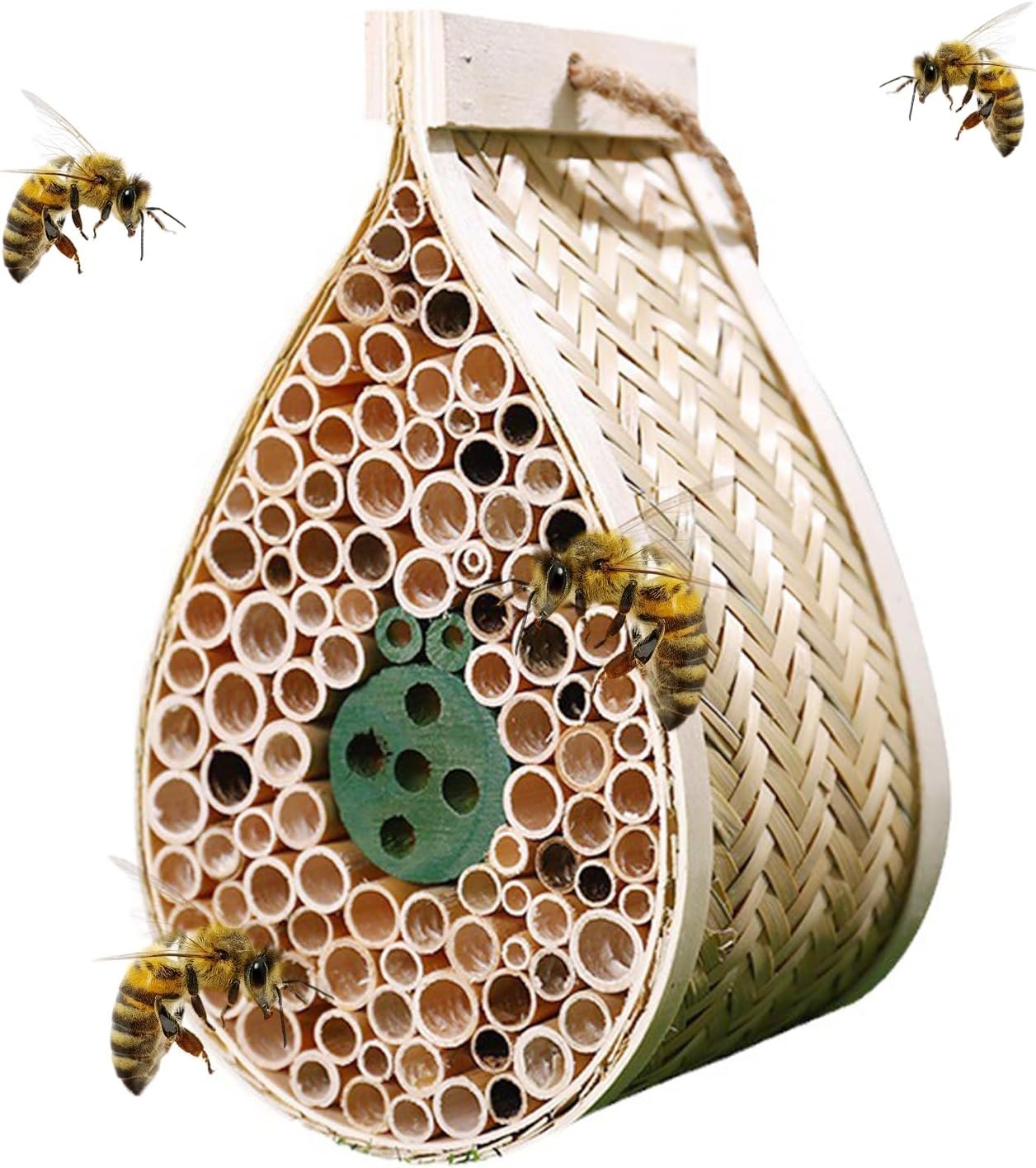 Mason Bee House, Pollinating Palace，Hanging Wooden bee House Habitat with Bamboo Tubes for The Garden and Yard Bee Hotel for Pollinators
