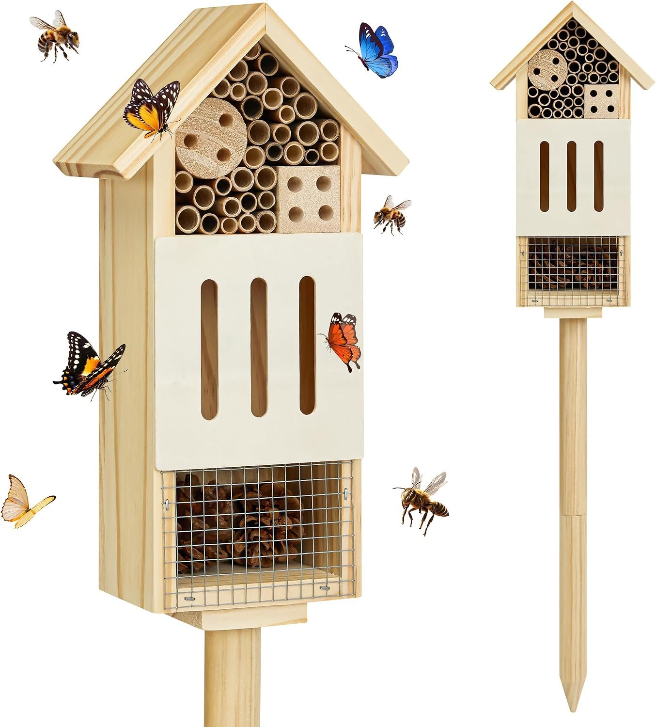 Bee House Bug Hotel & Butterfly House with Stake, Handcrafted Wooden Ladybug Hotel, Natural Insect Habitat for Garden, Patio, or Yard, Attracts Pollinators, 10.4 x 5.5 x 3.2 Inches,14 inches Stake