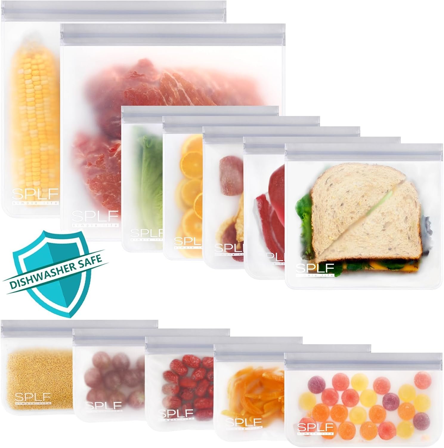 SPLF 12 Pack Dishwasher Safe Reusable Food Storage Bags, Gray | Extra Thick Freezer Bags Leakproof Silicone and Plastic Free Food Lunch Bag-5 Sandwich 5 Snack 2 Gallon