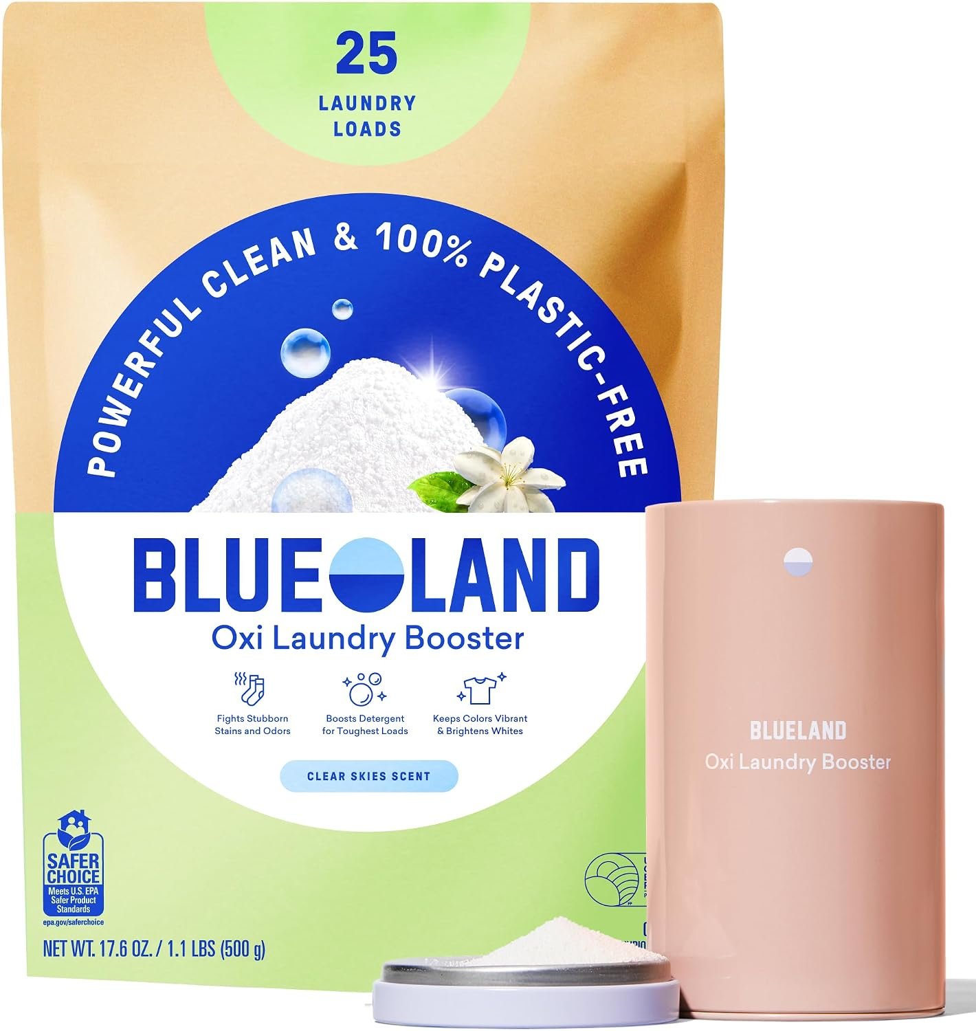 BLUELAND Oxi Laundry Booster Powder, Clear Skies Scent, 17.6 oz | 100% Plastic-free Formula, Lifts Stains & Brightens, No Chlorine Bleach, Dyes, PFAS, or Microplastics, Whitens Whites
