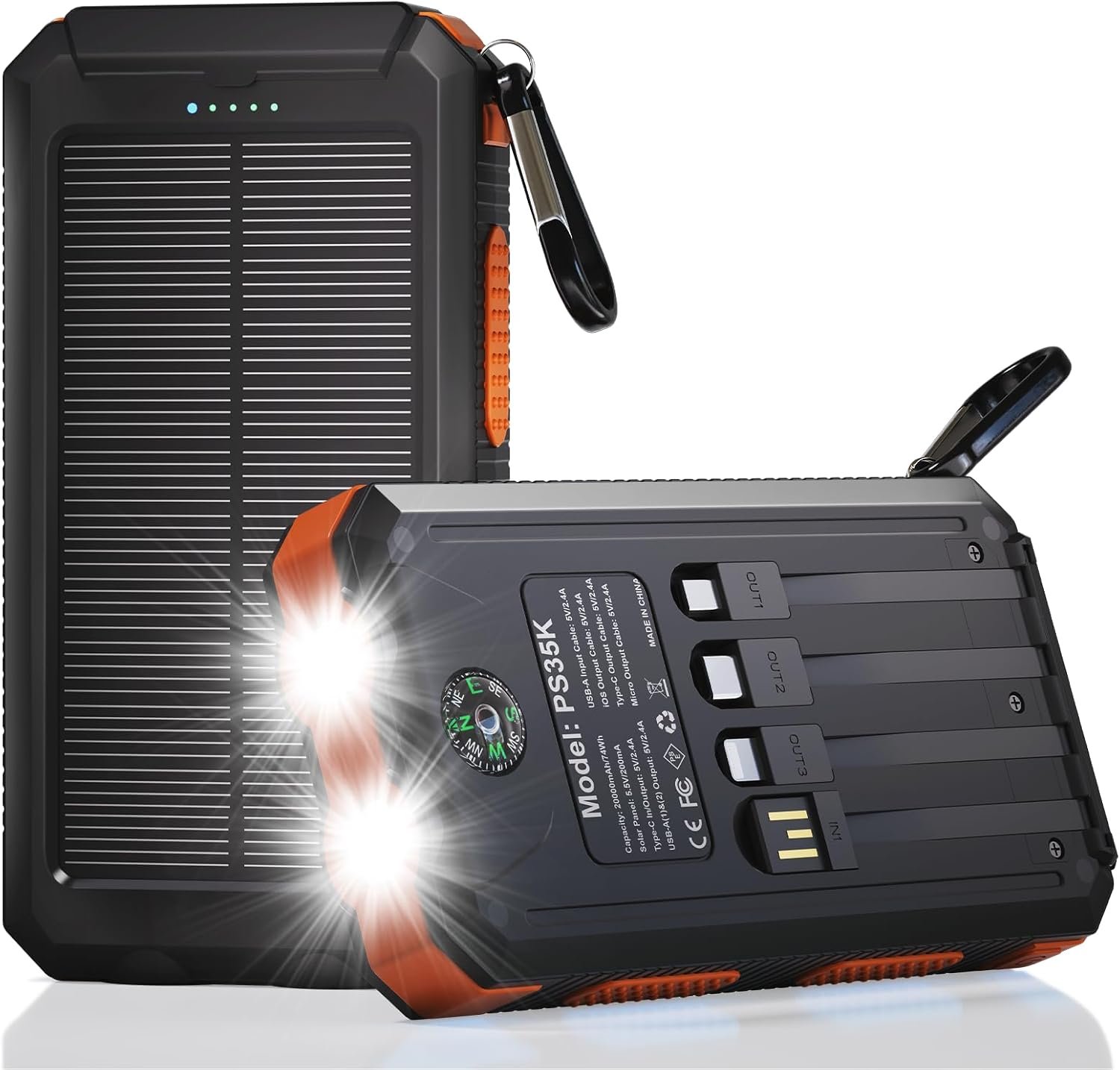 Durecopow Solar Charger Power Bank 20,000mAh, Portable Charger, 4 Cables 3 Ports Fast Charging External Battery Pack with USB C for Cell Phones, Solar Panel Charger with Dual Flashlight for Camping