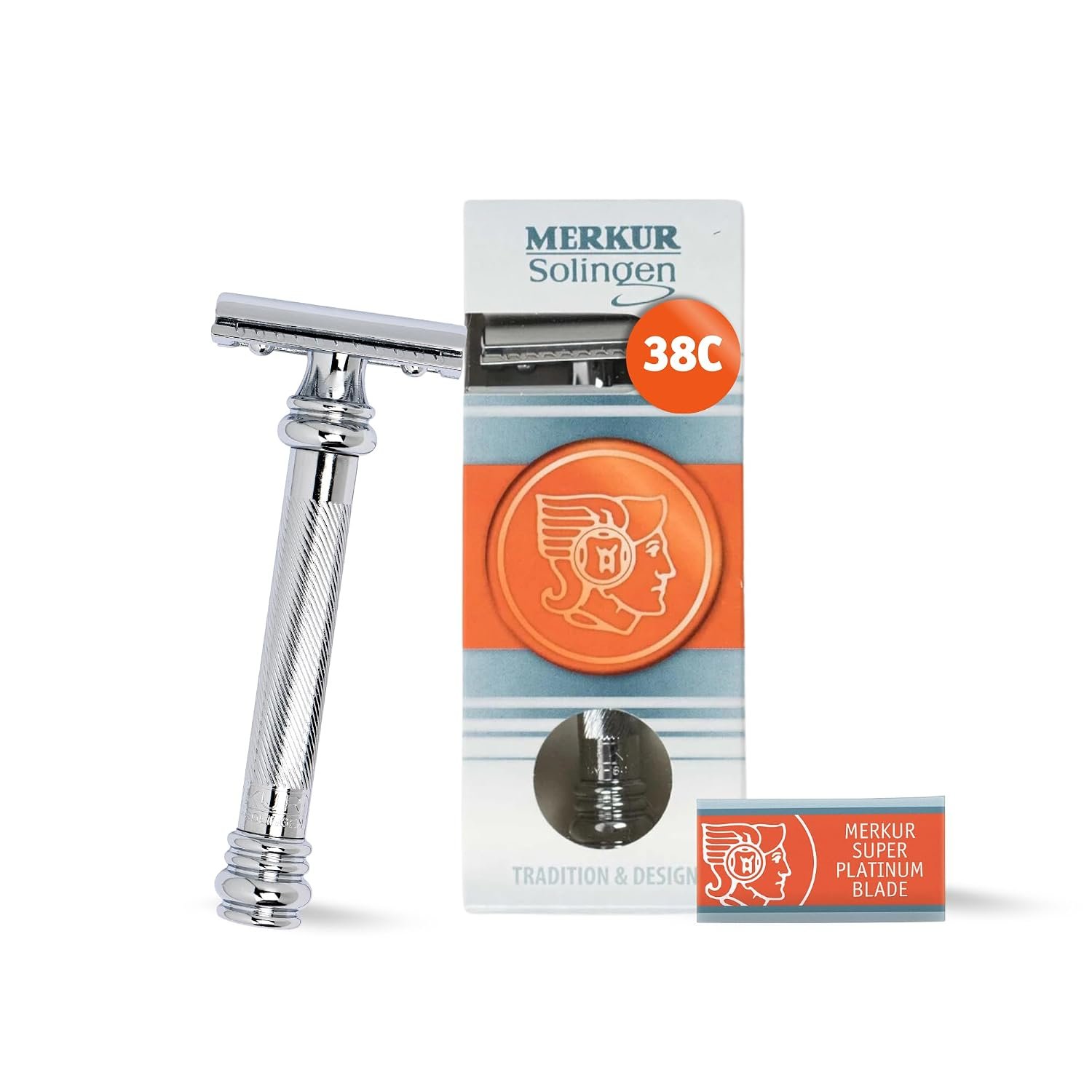 MERKUR 38C Double Edge Safety Razor – Bright Chrome, Extra Large Barber Pole Grip Brass Handle, Made in Germany, Plastic-Free, Two Piece Design, Closed Comb, Straight Bar