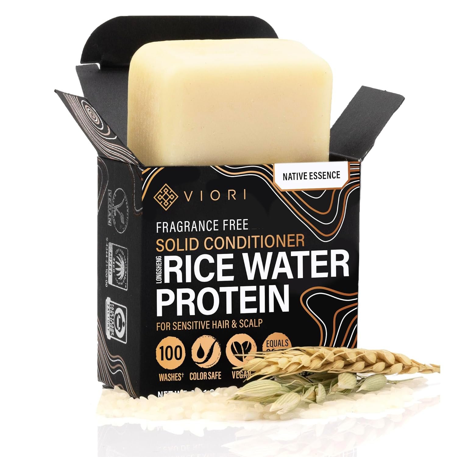Viori Unscented Fragrance-Free Conditioner Bar – Rice Water, Native Essence | No added fragrance, light earthy scent; detangles & softens; handcrafted with Longsheng rice water; paraben & plastic-free