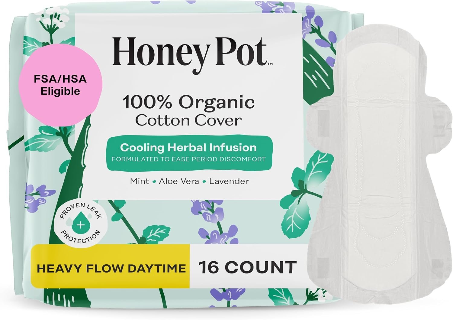 The Honey Pot Company – Cooling Herbal – Heavy Flow Daytime Pads for Women | Cooling Effect – Infused w/Mint, Aloe, & Lavender – Organic Cotton Cover – Menstrual Pads w/Wings – Feminine Care – 16ct