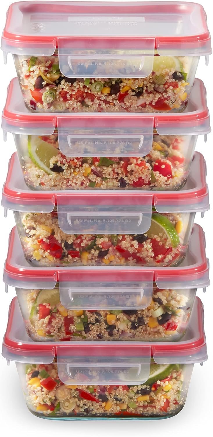 Pyrex Freshlock (5-Pack, 4 Cup) Glass Food Storage Containers Set, Airtight & Leakproof Plastic Locking Lids BPA-Free, Meal Prep Containers Set, Freezer Dishwasher Microwave Safe | Meal prep containers with BPA-free plastic airtight locking lids, freezer, dishwasher, & microwave safe