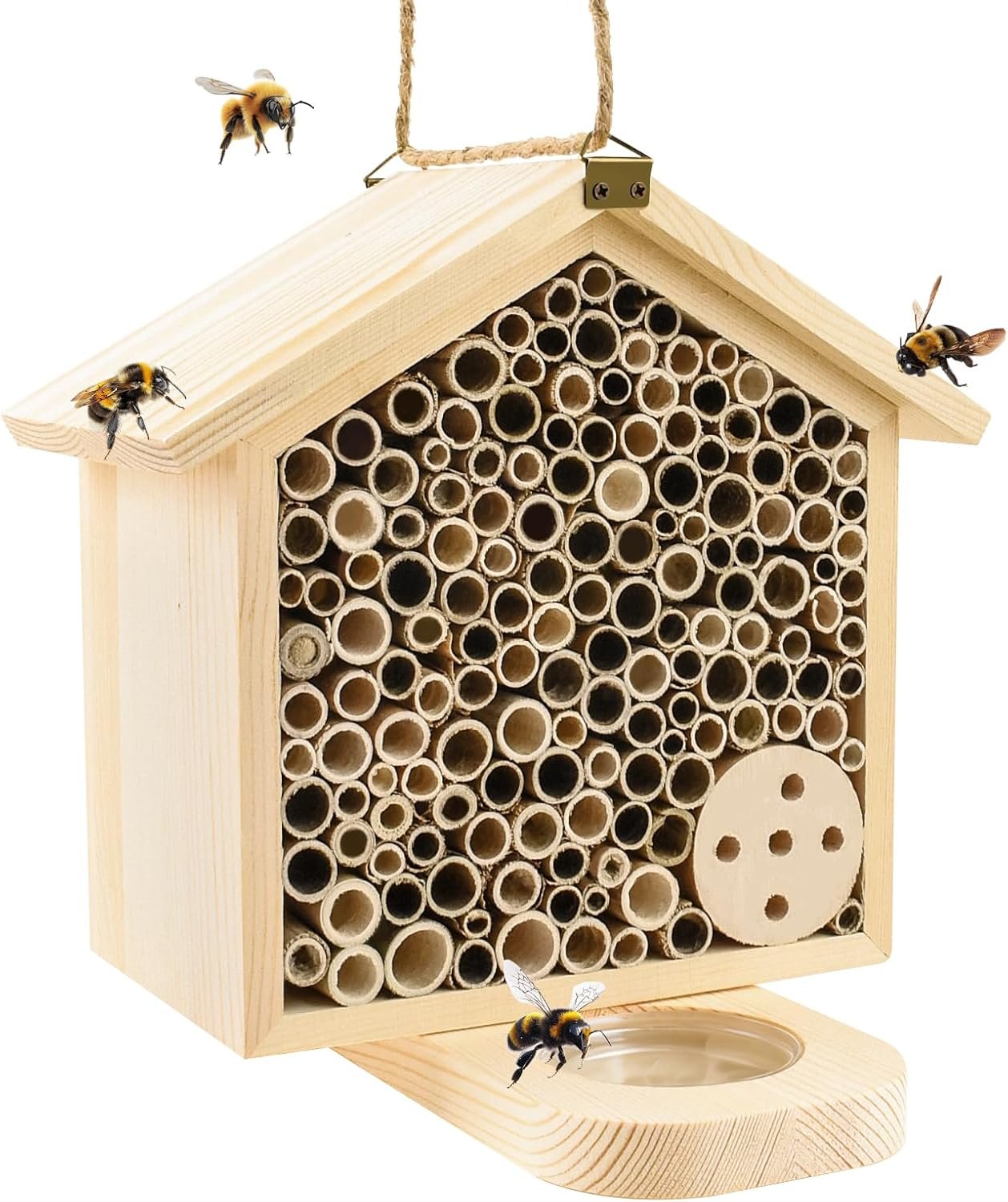 Mason Bee House with Feeding Trays, Natural Pine Wood Hanging Bee Hive | Insect Hotel for Garden Backyard, Outdoor Garden Decoration Attracts Bees, Butterflies, Ladybugs Pollinators