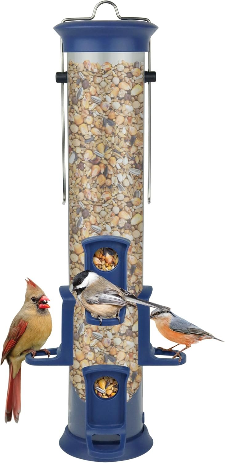 Nature’s Way Plastic Seed Tube Bird Feeder for Wild Birds and Outdoor Décor, 1.2 Quart Capacity, Six Ports, Easy-Clean Design, Blue