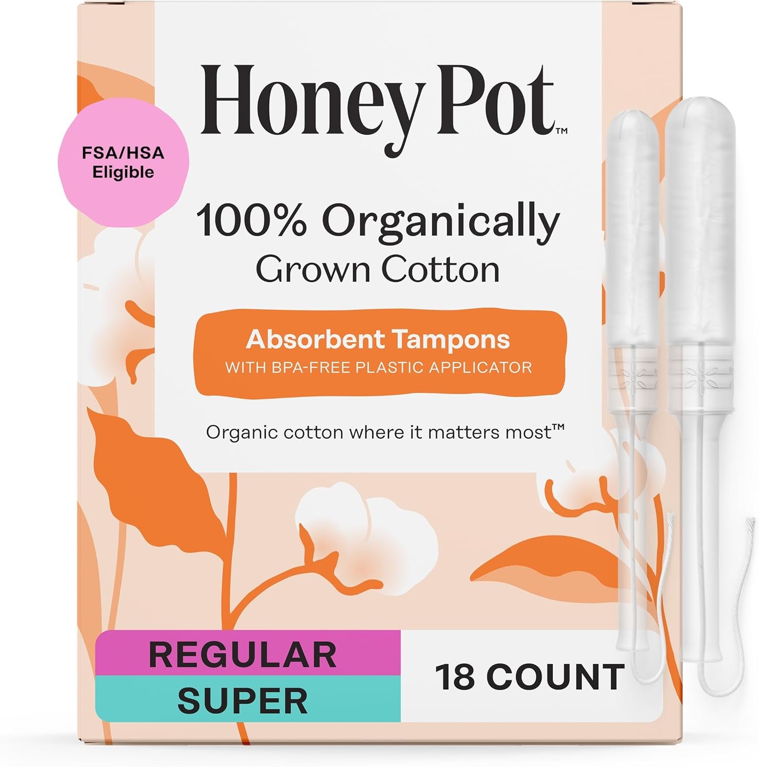 The Honey Pot Company – 100% Organic Cotton Tampons – Regular & Super | Multipack – Tampons w/BPA Free Plastic Applicator – Unscented – Without Fragrances or Chlorine – Feminine Care – 54ct