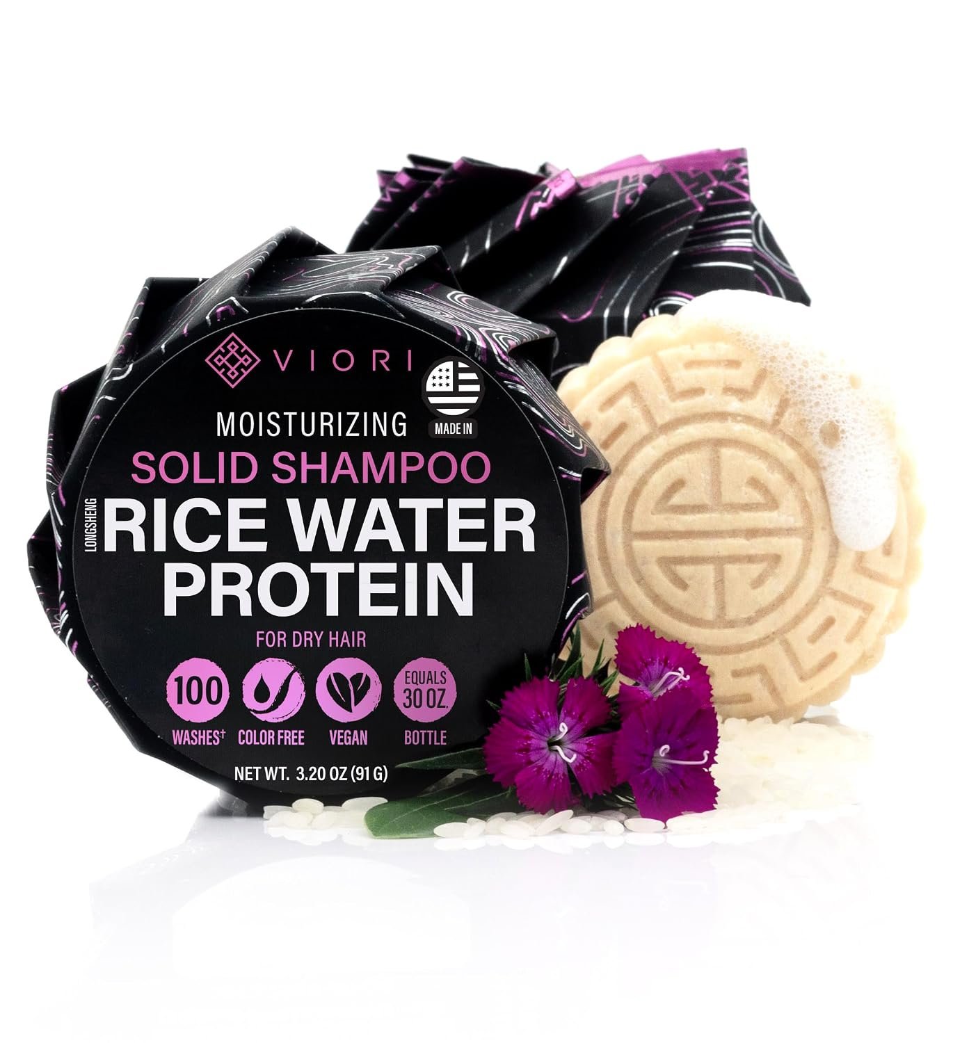 Viori Moisturizing Shampoo Bar for Dry Hair – Rice Water, Terrace Garden | Moisturizing for dry hair & scalp; green floral bamboo scent; handcrafted with Longsheng rice water; sulfate-free