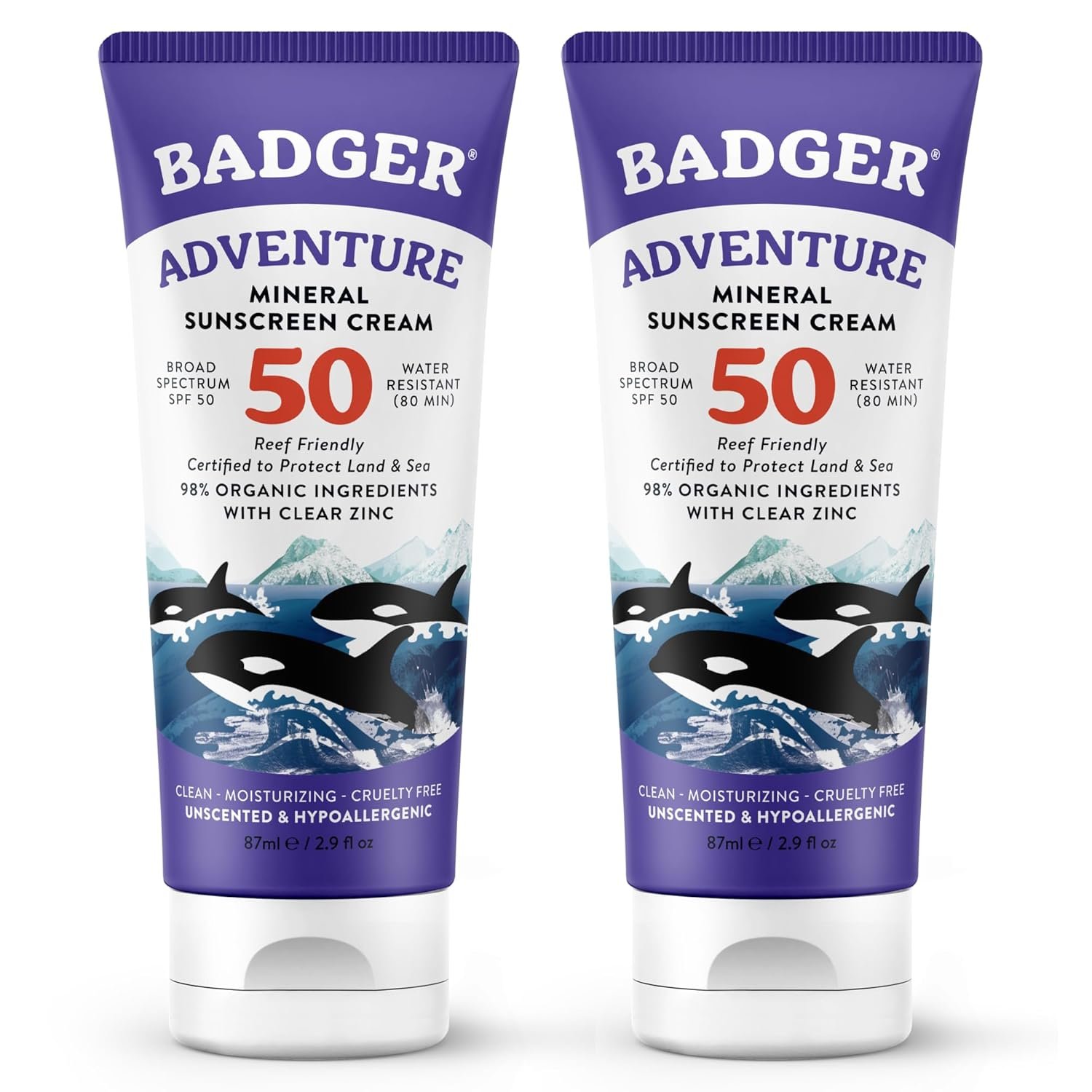 Badger Reef Safe Mineral Sunscreen, SPF 50, 98% Organic with Zinc Oxide, Non Toxic, Water Resistant, Unscented & Hypoallergenic, Broad – Spectrum, For Adventure & Sport, 2.9 fl oz (2 Pack)
