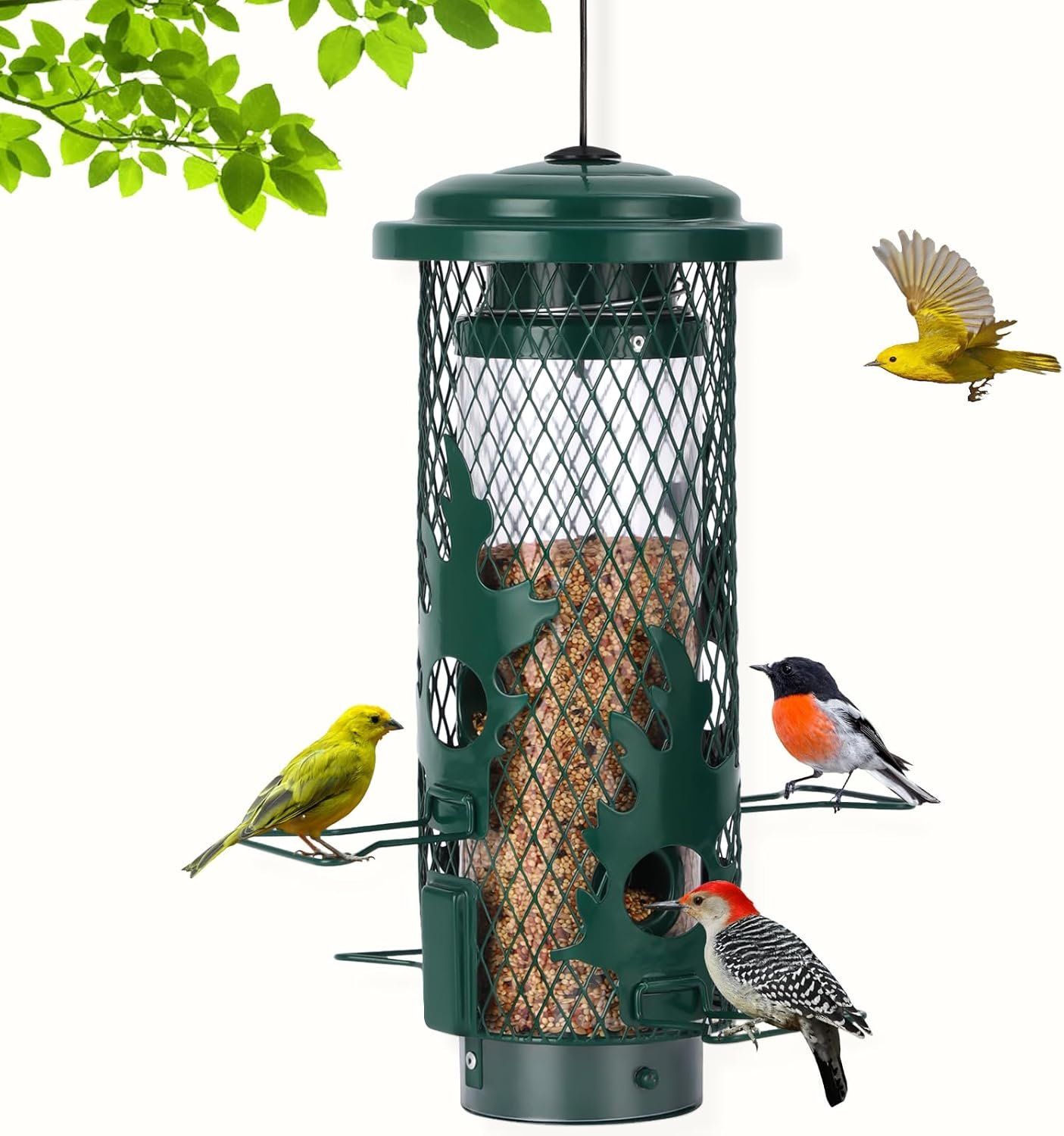Gbekery Squirrel Proof Bird Feeder for Outdoors Hanging, Metal Mesh Bird Feeder for Outsides with Gravity Protection for Small Birds, Weatherproof and Durable, Green