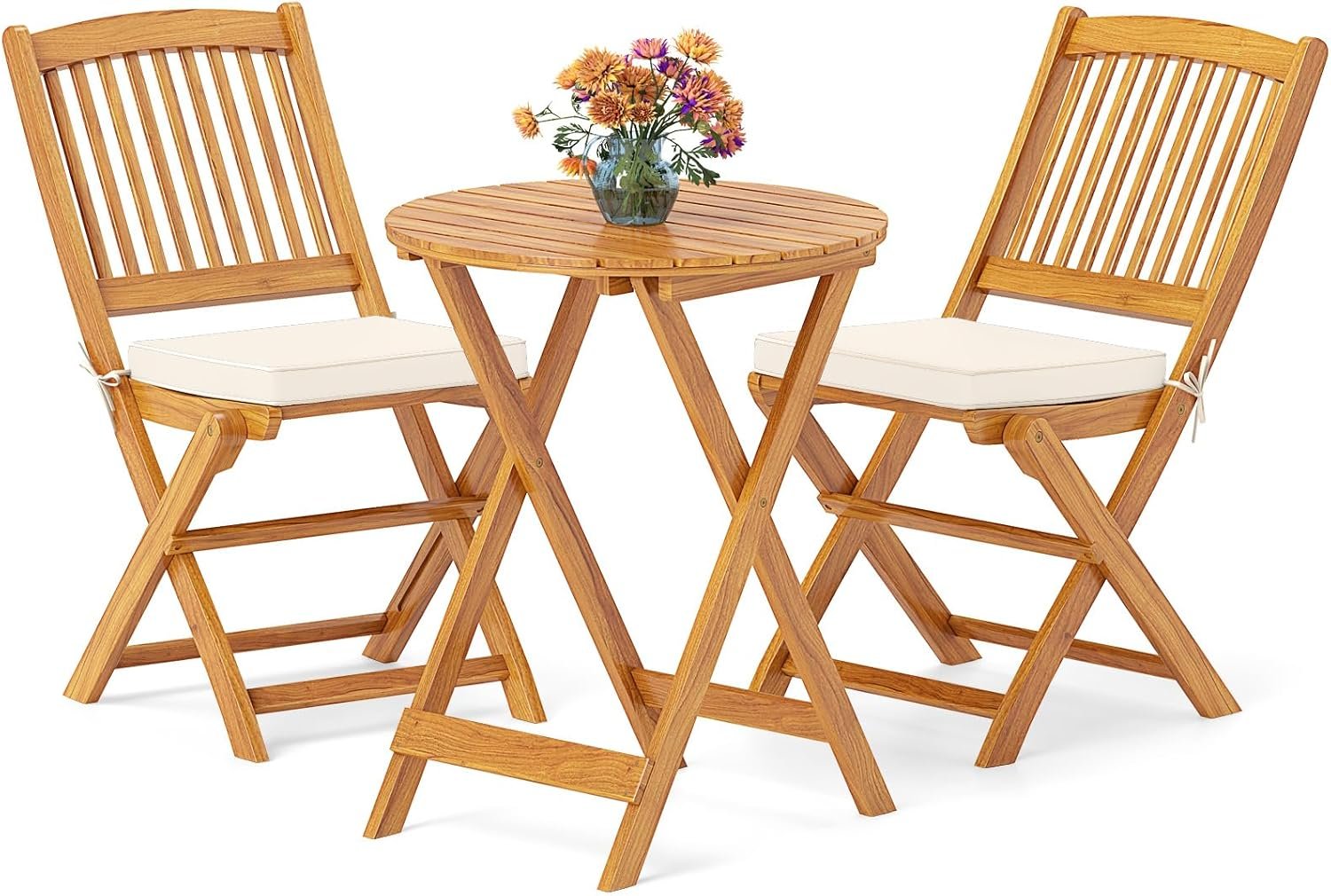 Giantex Patio Bistro Set 3 Pieces, Outdoor Acacia Wood Folding Table & Chairs Set with 2 Padded Cushions, Patio Conversation Furniture Set for Backyard, Garden, Balcony, Poolside (Natural & Beige)