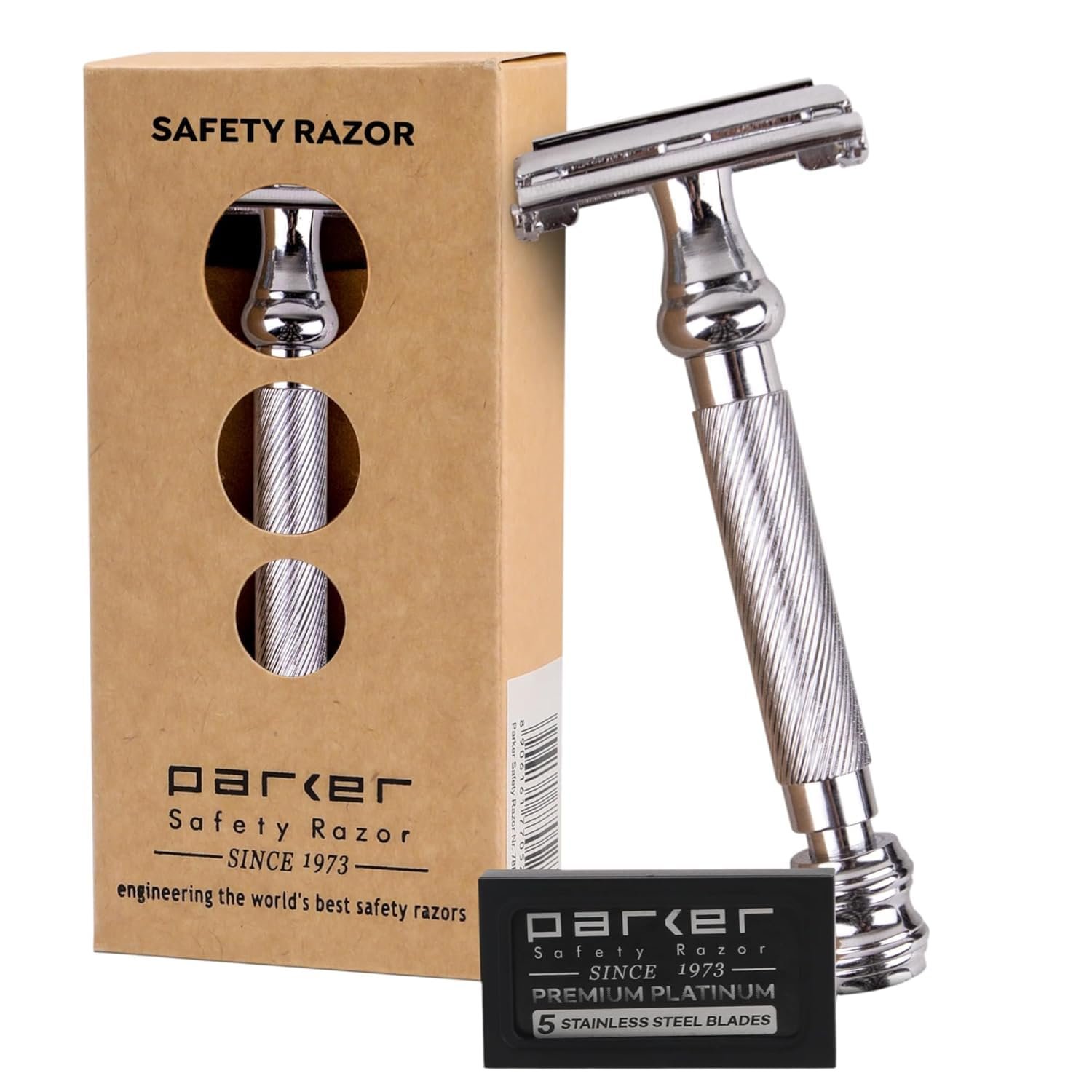 Parker 99R Chrome Double-Edge Safety Razor for Men With 5 DE Blades | Heavyweight Long Handle and Butterfly Opening Deliver Secure Control, Efficient Blade Changes and A Close Traditional Shave