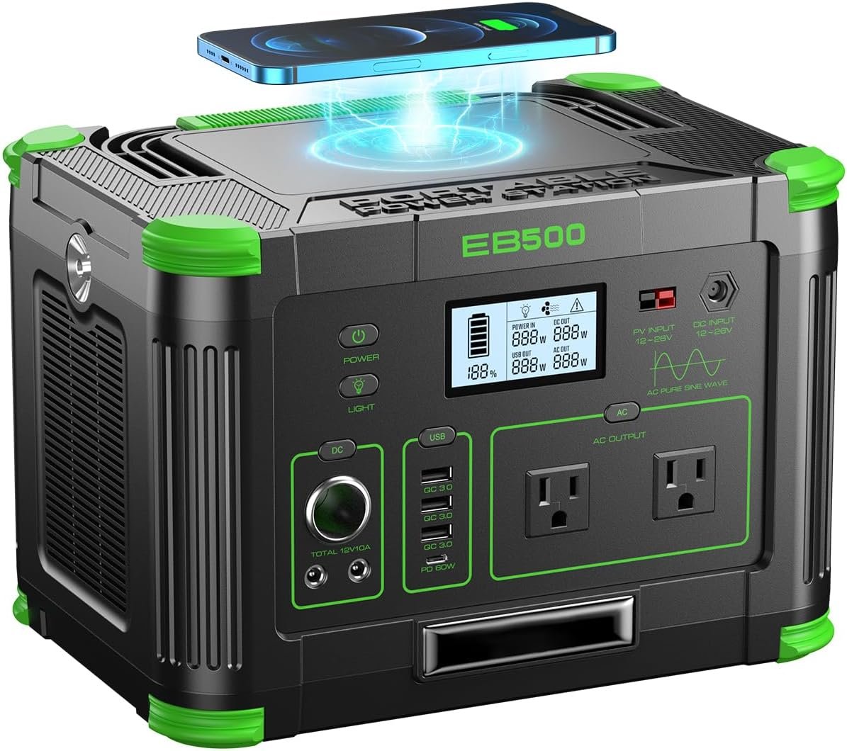 Portable Power Station 500W, 519.48Wh/140400mAh Solar Generator Backup | Lithium Battery Pack Power Supply with 2 AC Outlets, PD 60W USB-C Power Bank for Outdoor RV Camping, Home Outage, Emergency
