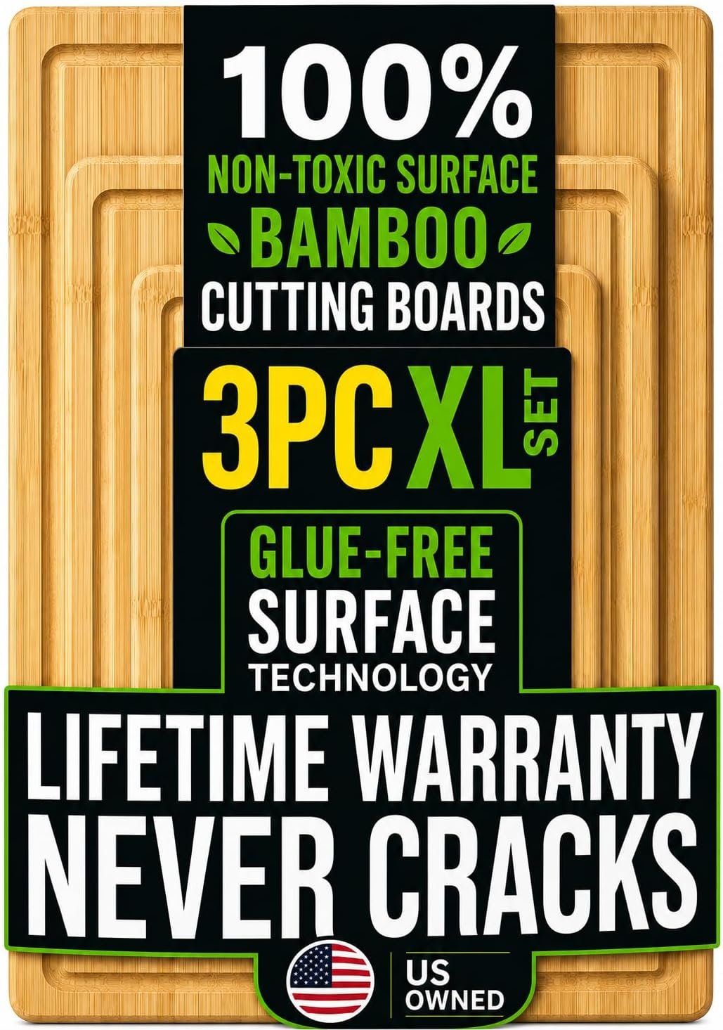 GREENER CHEF Glue-Free Surface Organic Bamboo Wood Cutting Board 3-Piece Set – Non Toxic Cutting Board Set – Lightweight, Heavy Duty Wooden Serving Boards for Charcuterie – Safer Family Meal Prep