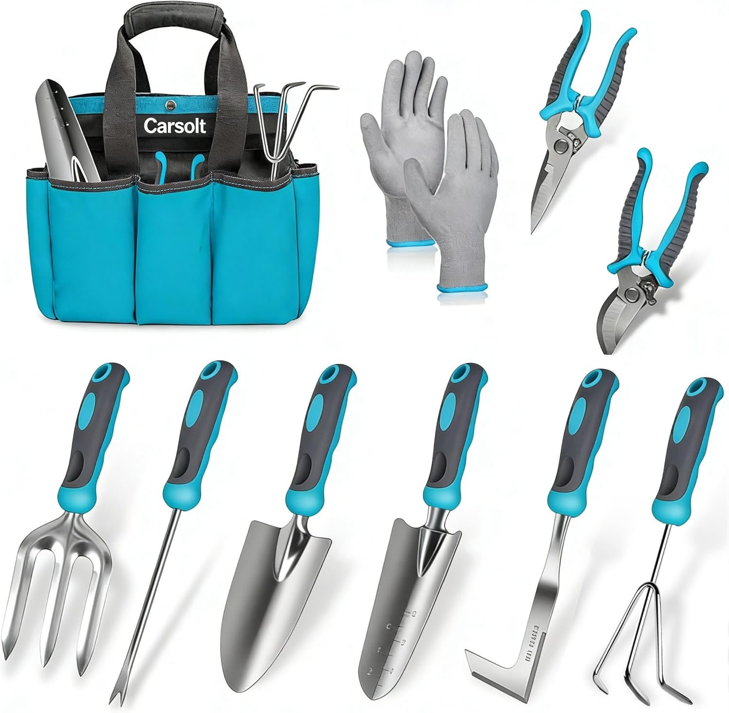 Gardening Tools, Carsolt 10 Piece Heavy Duty Stainless Steel Garden Tools Set with Ergonomic Rubber Handle. Variety of Gardening Hand Tools with Gift Box Ideal Garden Gifts for Women | Rust-Proof & Ergonomic Handle, Includes Durable Storage Bag, Gloves & Gift Box, Ideal Gardening Gifts for Women Men