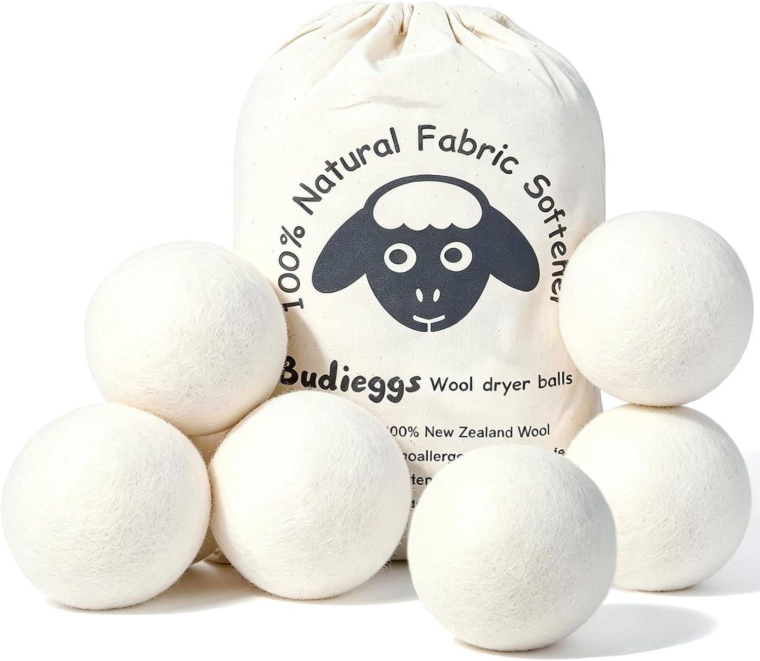 Budieggs Wool Dryer Balls XL 6-Pack, 100% New Zealand Wool Handmade | Chemical-Free Natural Fabric Softener Reusable, Reduces Wrinkles, Tangling, Drying time & Static Cling, Lasts 1000+ Loads