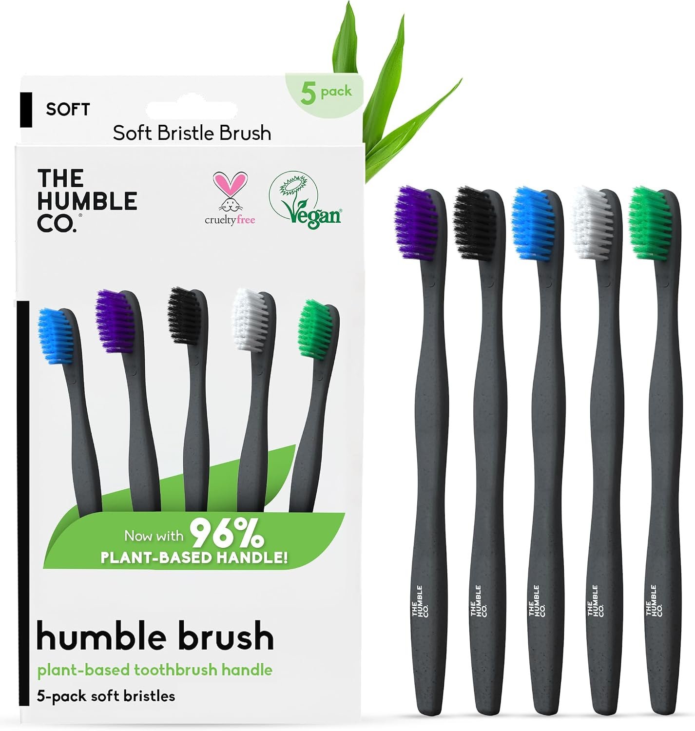 The Humble Co. Plant-Based Soft Bristle Toothbrushes, Black (5 Pack) | Dental Oral Care & Hygiene, BPA-Free Bristles, Made with Plant Based Materials, Manual Tooth Brush Set for Adults