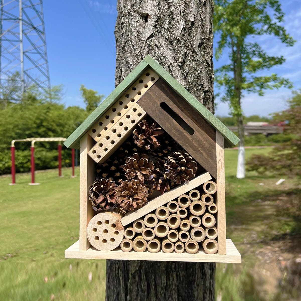 Wooden Insect Hotel for Garden, Natural Wood, Bee House and Ladybug House, Pollinator Bug Hotel to Attract Beneficial Insects