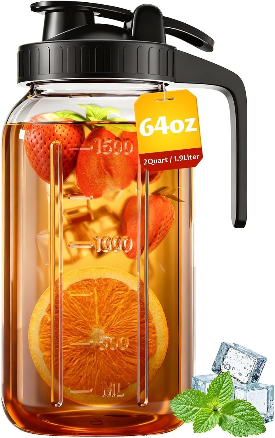 64oz Mason Jar Pitcher, 2quart Glass Pitcher with Lid for Tea & Cold Brew | BPA Free, Leakproof, Fridge/ Dishwasher safe, Ergonomic handle, Flip-cap pour spout, Wide mouth, Versatile