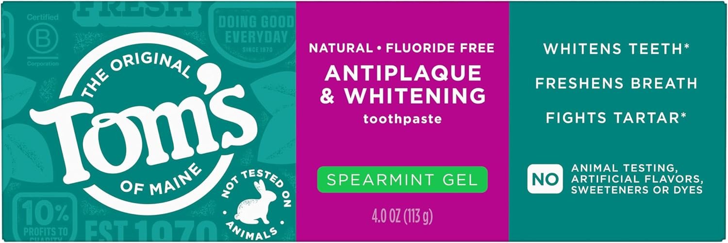 Tom’s of Maine Antiplaque and Whitening Toothpaste Gel, Spearmint, 4 oz | Fluoride Free, Freshens Breath, Fights Tartar Buildup, Vegan, No Animal Testing, No Artificial Colors or Flavors