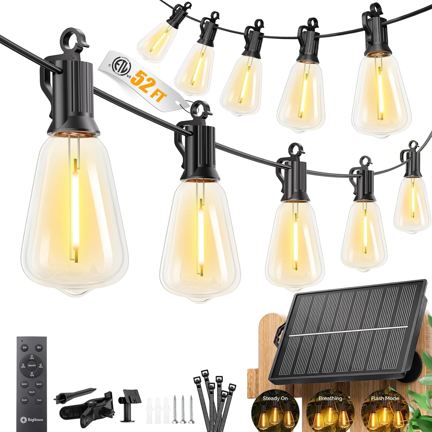 Brightown 52FT Solar String Lights Outdoor Waterproof, 26Hrs Runtime | 15+1 LED Bulbs, USB & Solar Powered, Remote Control & Dimmable Timer, Ideal for Backyard, Garden, Camping & Party Decor