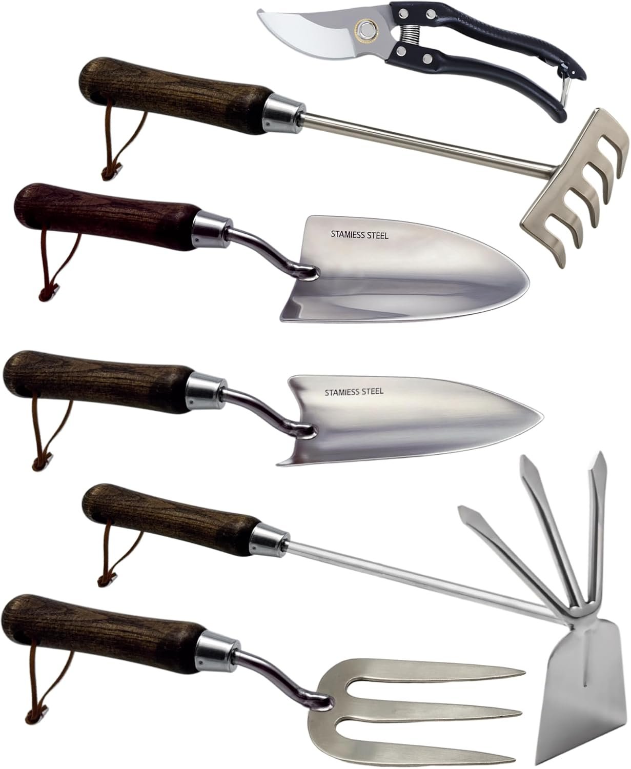 Garden Tool Set, 6PCS Heavy Duty Stainless Steel Gardening Hand Tools with Ropes, Includes Hand Cultivator Shovel Trowel Transplanter 2-in-1 Hoe Pruner, Ideal Gardening Gifts for Women Men (Classic)
