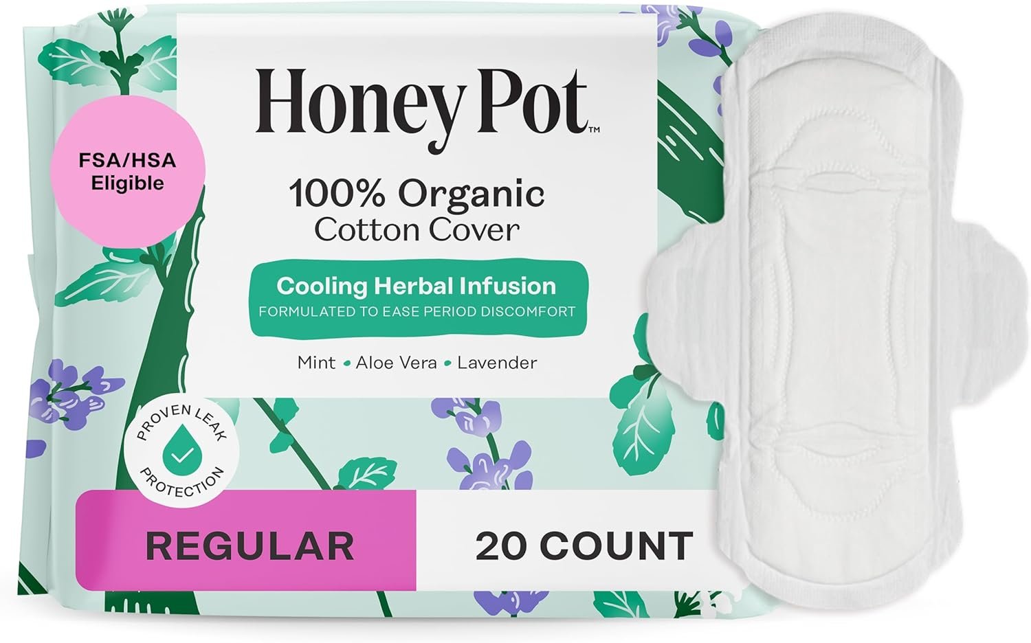 The Honey Pot Company – Cooling Herbal – Regular – Pads for Women | Cooling Effect – Infused w/Mint, Aloe, & Lavender – Organic Cotton Cover – Menstrual Pads w/Wings – Feminine Care – 20ct