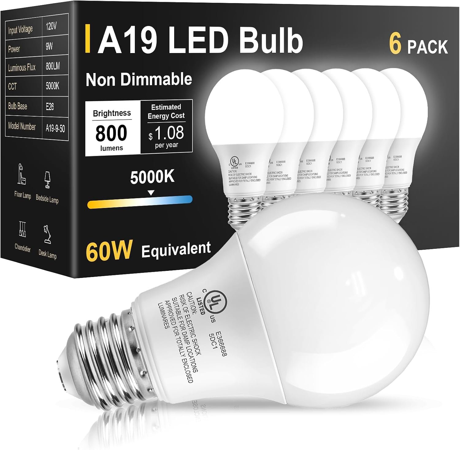 TJOY 6 Pack LED Light Bulbs 60 Watt Equivalent, Daylight White 5000K A19 | Efficient 9W, E26 Standard Base, 800 LM Energy Saving Lightbulbs for Home Bedroom Living Room Office, Non-Dimmable, UL Listed