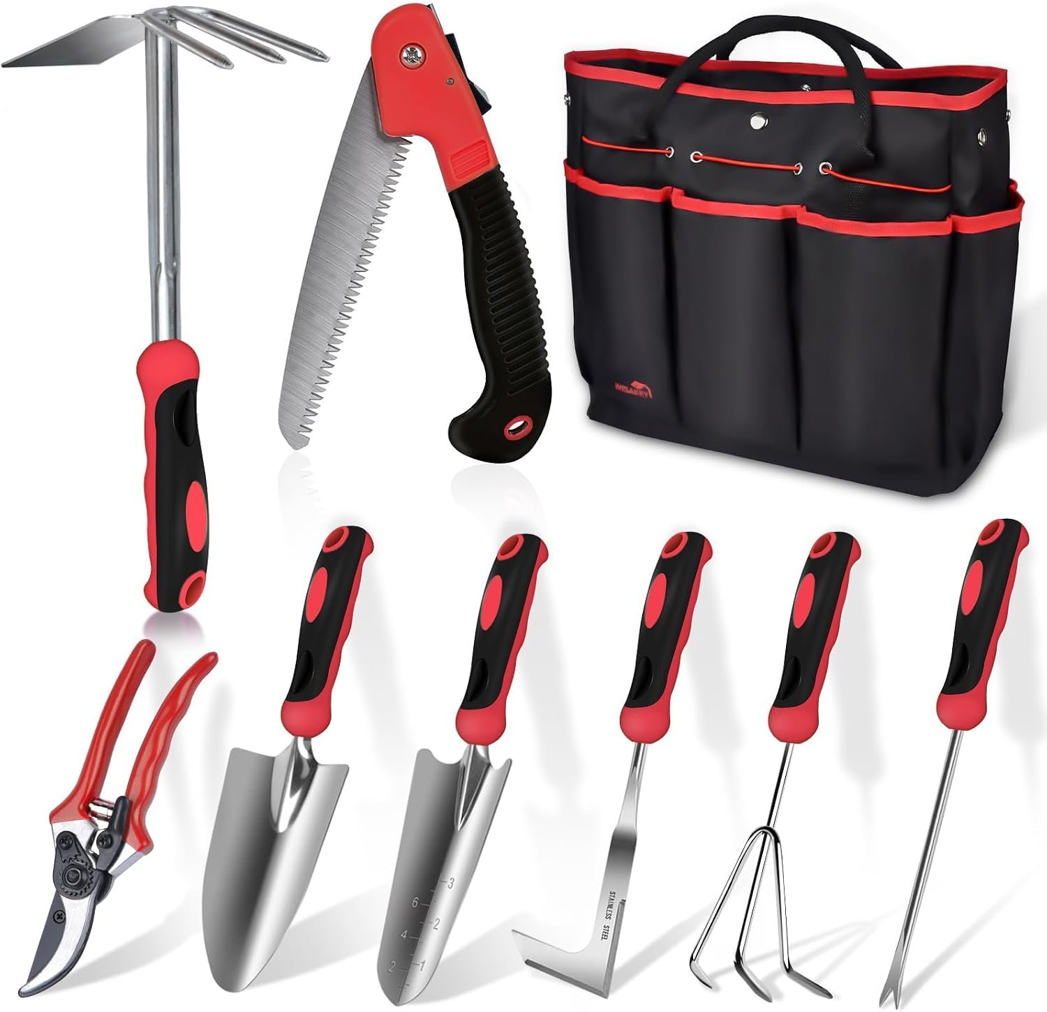Red Gardening Tools, WisaKey 9 Piece Stainless Steel Heavy Duty Garden Tools with Non-Slip Ergonomic Handle, Garden Tote Bag, Garden kit, Gardening Gifts for Women Mothers