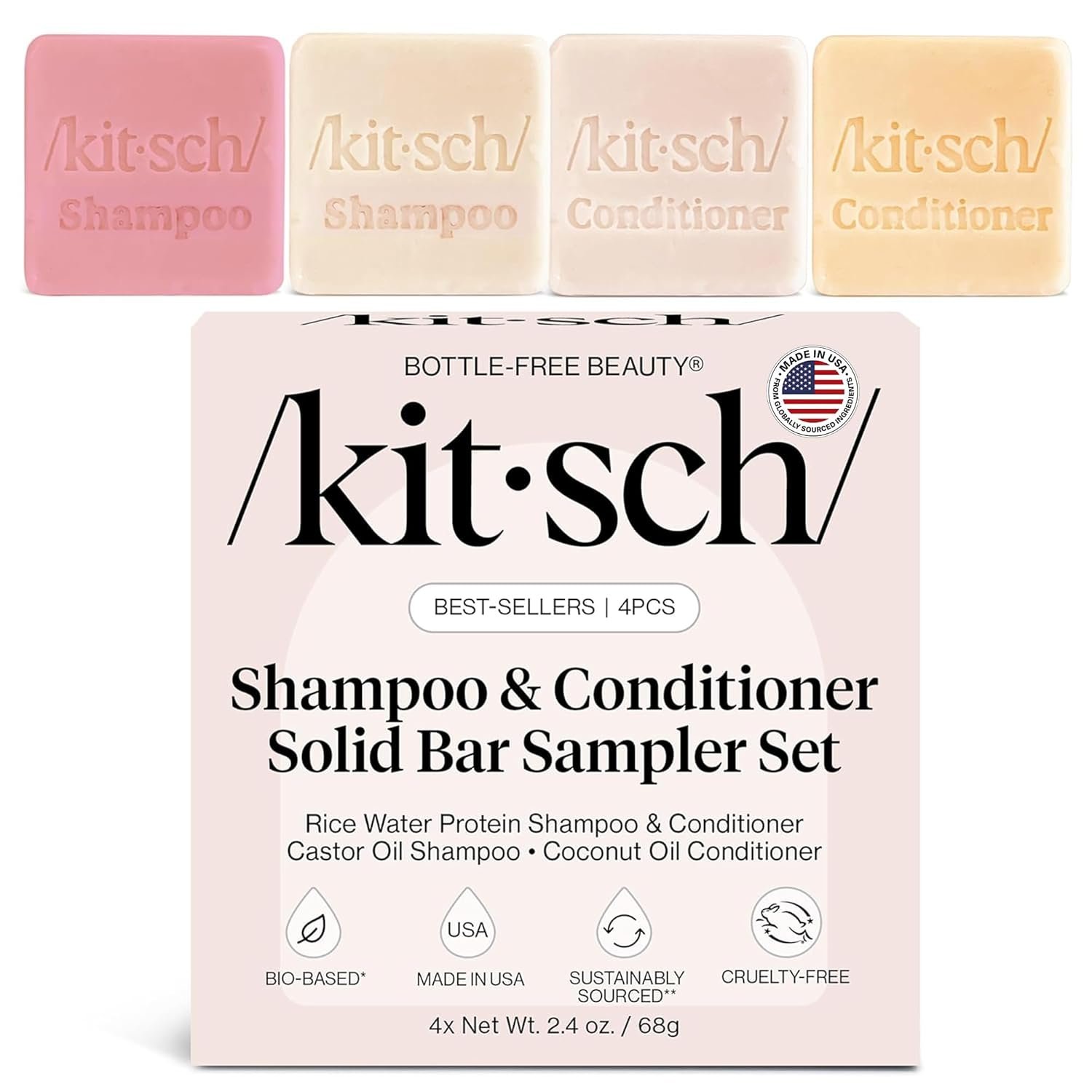 Kitsch Shampoo and Conditioner Set – 4pc Sampler Bars for Hair Growth | Rice Water Shampoo and Conditioner, Castor Oil Shampoo & Coconut Oil Conditioner – Bottle-Free Beauty for Repair & Moisture