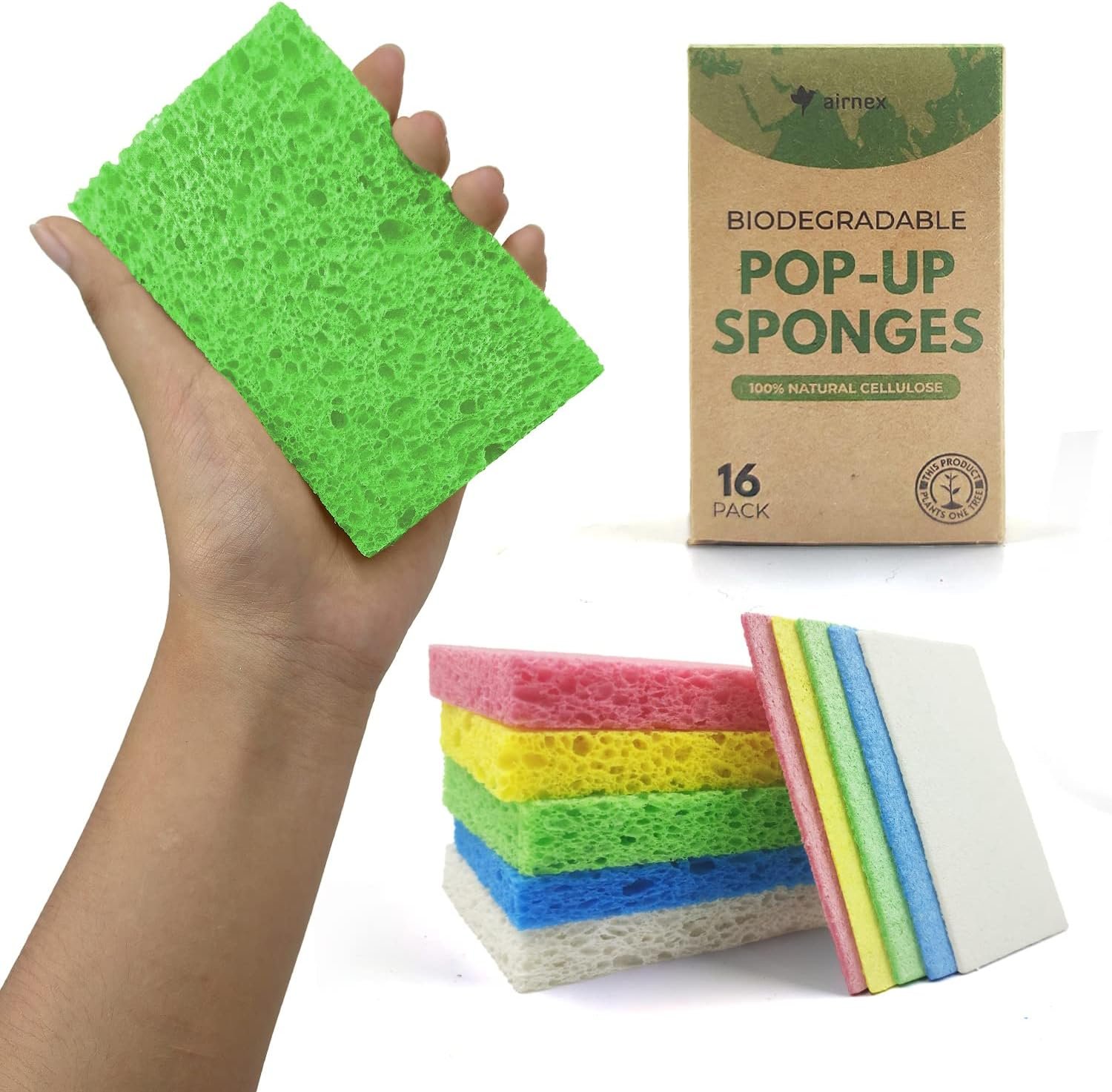 AIRNEX Compressed Cellulose Sponges – 16 Pack Natural Pop Up Dish Sponge for Kitchen – Compostable Plant-Based Cleaning Sponges Bulk – Non Scratch Natural Sponge for Dishes & Household Cleaning