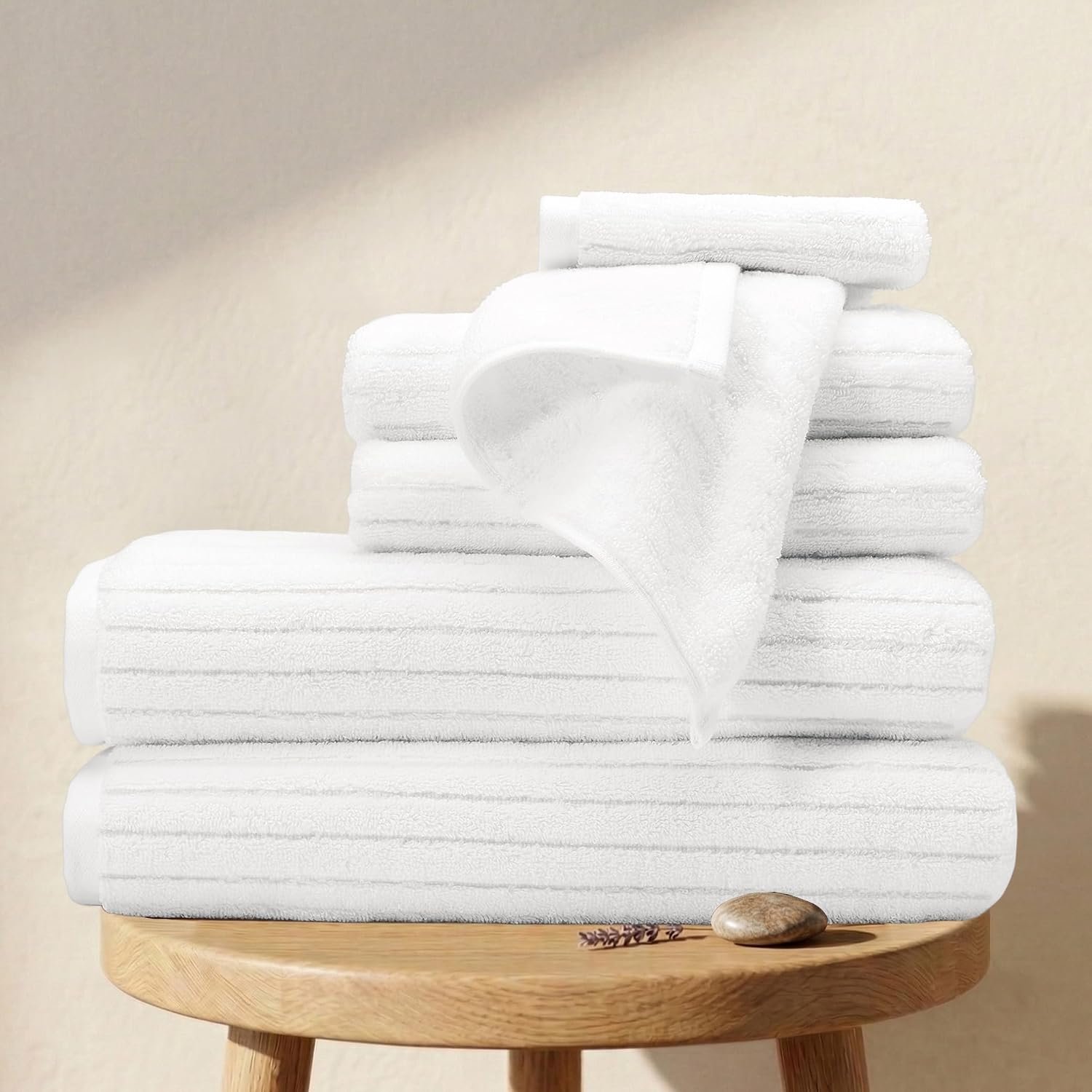 100% Organic Cotton 6-Piece Luxury Bathroom Ribbed Towel Set GOTS Certified 700 GSM, 2 Bath Towel, 2 Hand Towel & 2 Wash Cloths – White