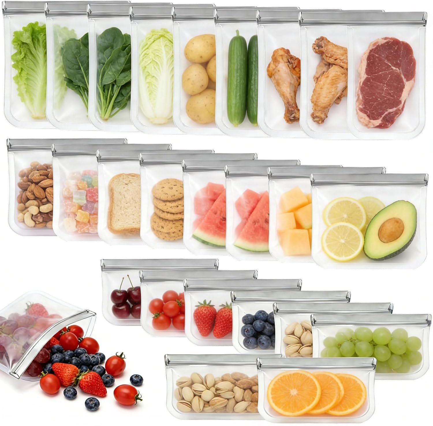 24 Pack Silicone Bags for Food Storage,Reusable Silicone Food Storage Bags,Freezer, Microwave & Dishwasher Safe,Reusable Freezer Food Bags, Leakproof-8 Gallon 8 Snack 8 Sandwich Bags,Grey