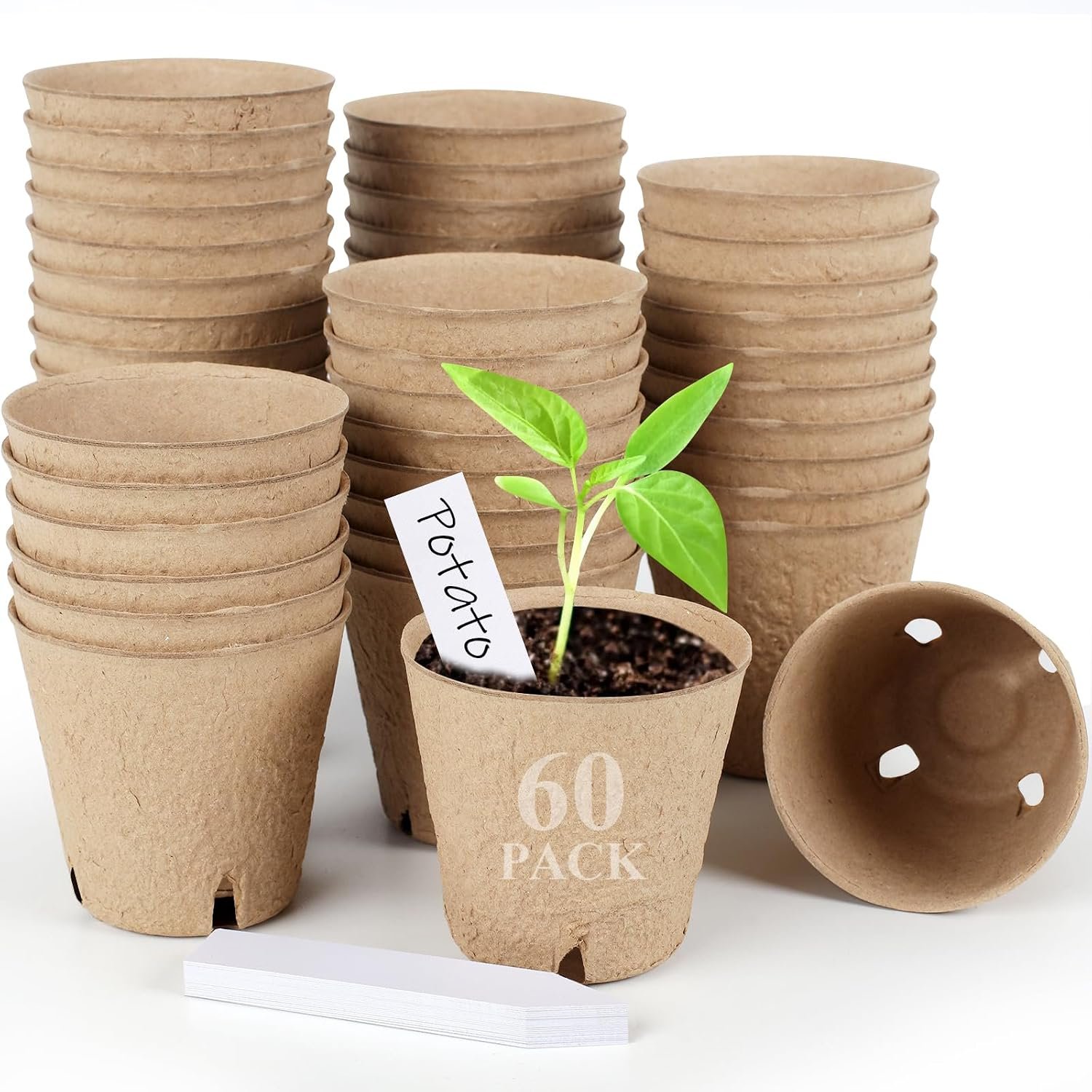 60-Pack 4” Biodegradable Peat Pots with 60 Plant Labels – Eco-Friendly Seedling Pots with Drainage Holes for Efficient Seed Starting and Garden Nursery Use