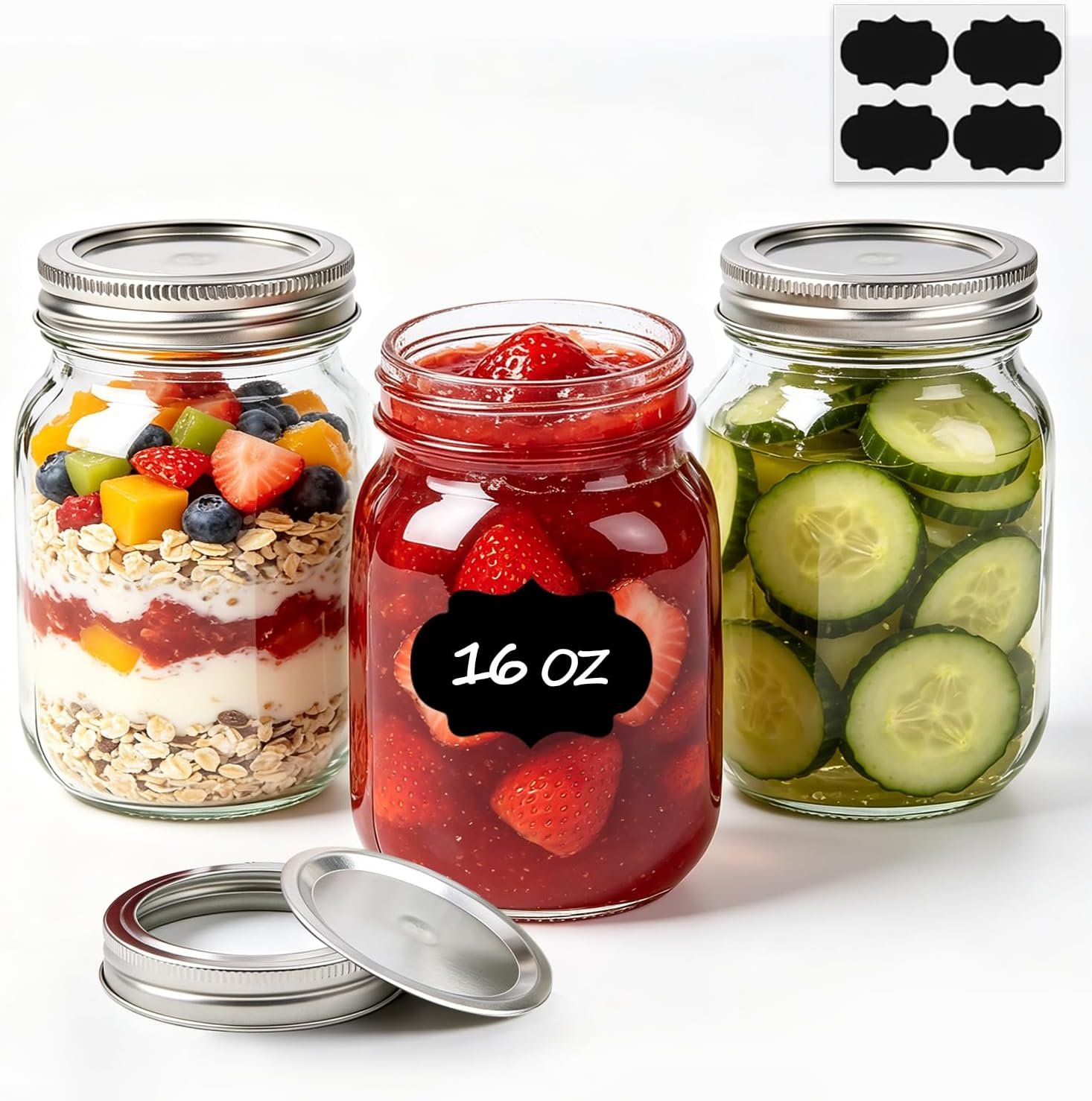 ComSaf Regular Mouth Mason Jars 16 oz with Lids, 3 Pack Canning Jars | Airtight Safety-Button Lids, Food Grade Pint Size Jars, Freezer Safe Glass, incl. 4 Chalkboard Labels, BPA-Free Material