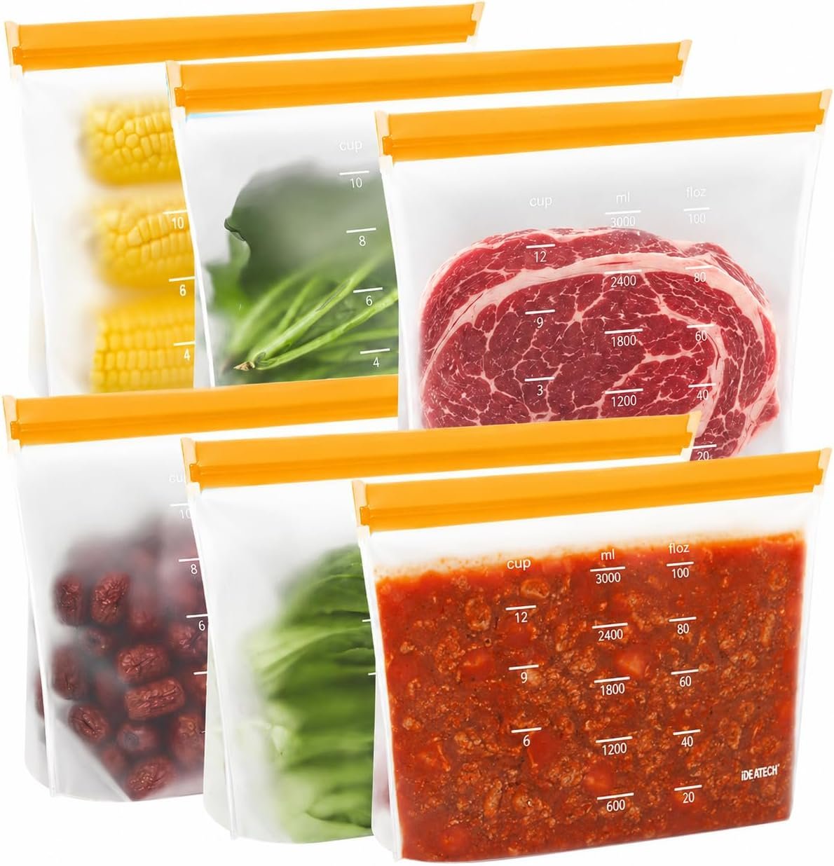 IDEATECH Reusable Gallon Freezer Bags, Reusable Food Storage Bags, 6Pack | Leakproof, Dishwasher Safe, BPA-Free Food Grade, Large Size with Measurement Marks for Meat, Marinades & Freezer Storage