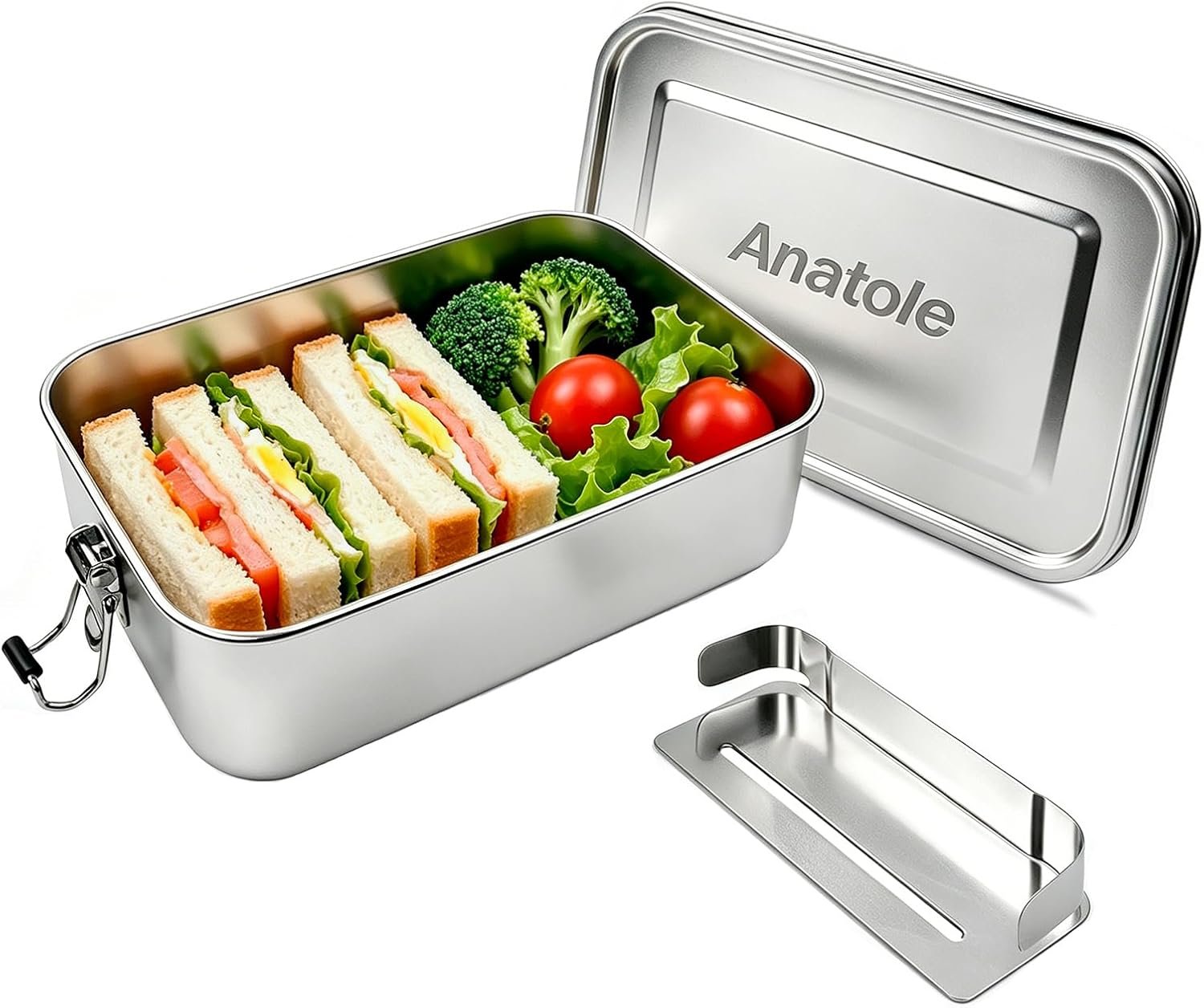 Anatole 304 Stainless Steel Bento Box 47oz Leak-Proof Lunch Box 1 Divider | 1400ml Metal Food Storage Container, Portable with Lid, Dishwasher Safe, BPA Free, for Adults Office Camping Picnic Travel