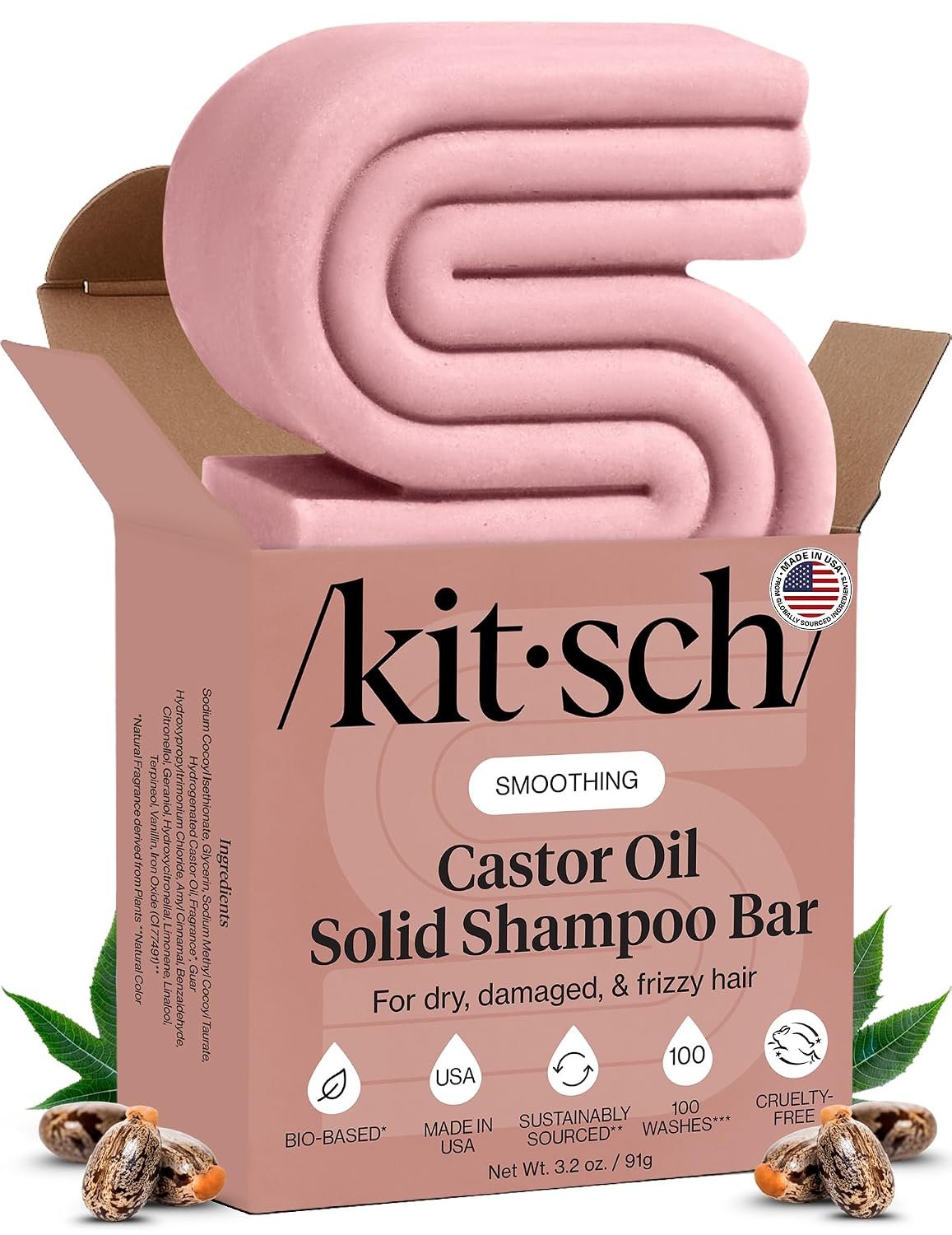 Kitsch Castor Oil Shampoo Bar Soap for Hair Growth & Scalp – 3.2 oz | Nourishing & Smoothing Hair Shampoo for Women & Men – Paraben, Silicone & Sulfate-Free Hair Care – Made in USA