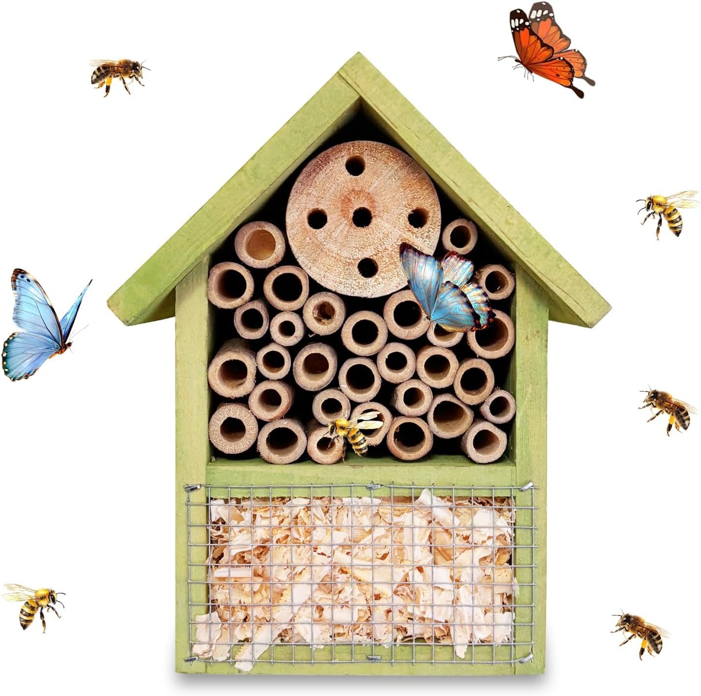Wooden Insect House – Hanging Bee House Outdoor Solitary Bee Hive for Garden, Natural Beneficial Insect Habitat for Butterfly & Ladybirds Easy to Hang (Light Green)