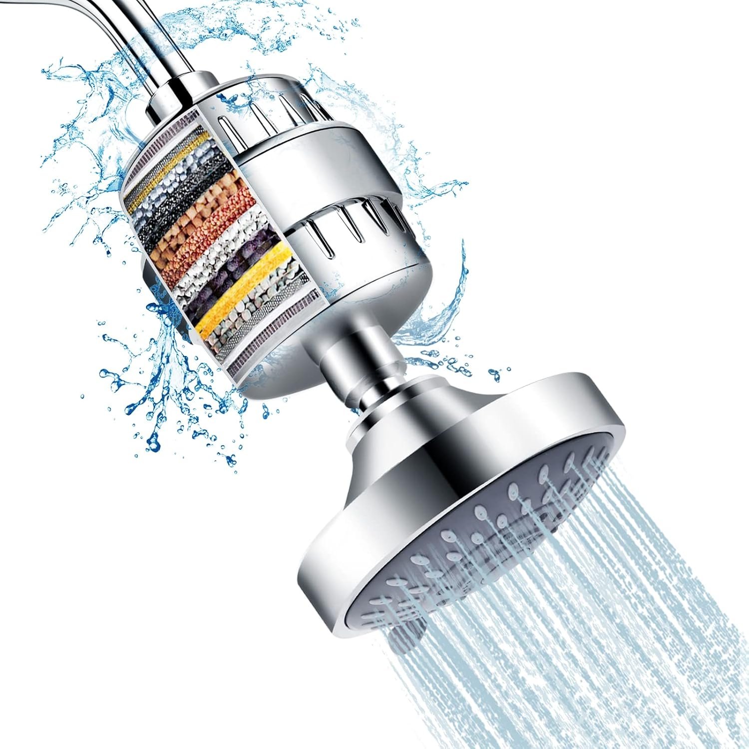 FEELSO Shower Head with Shower Filter, Filtered Shower Head for Hard Water | High Pressure, Anti-clog Nozzles, 5 Spray Showerhead, 15 Stage Water Softener Filters, Remove Chlorine and Harmful Substances