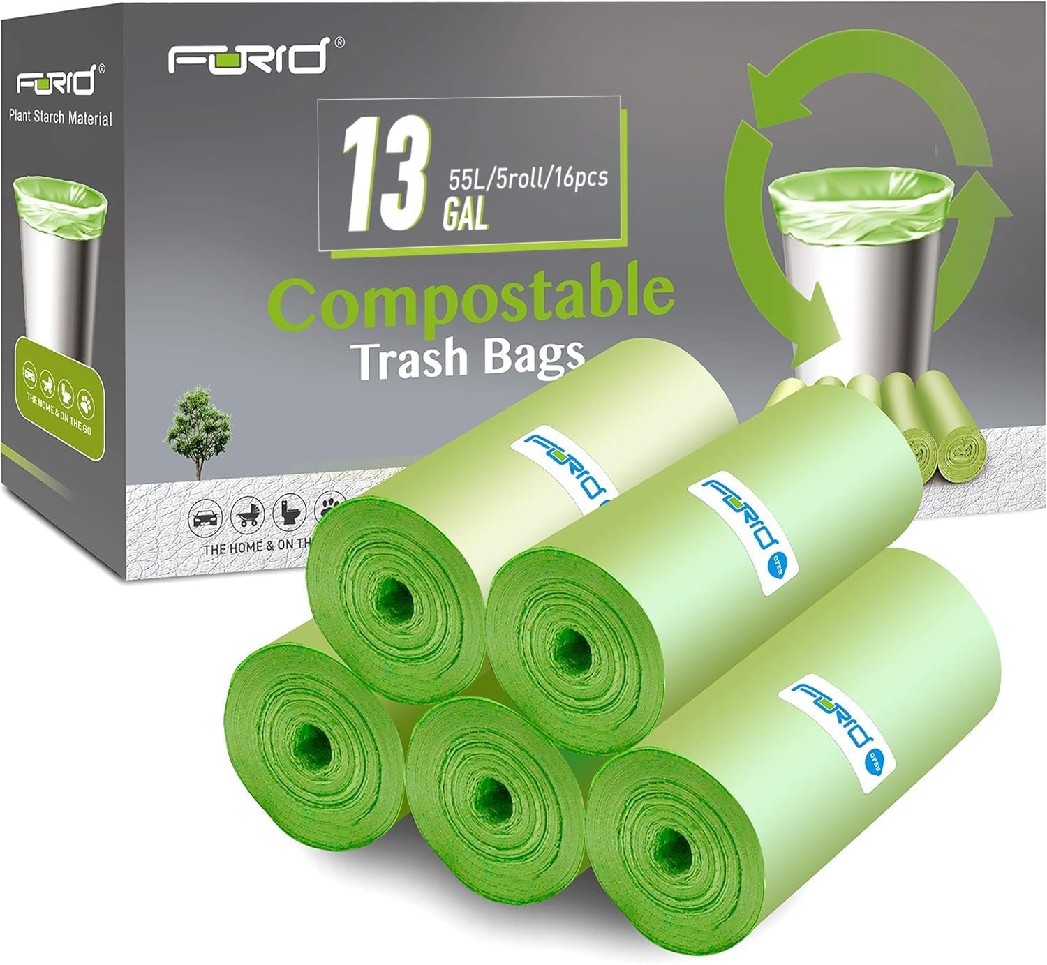 Compostable Trash Bags – FORID 13 Gallon Tall Kitchen Garbage Bags 80 Count Unscented Trash Can Liners 55 Liter Medium Wastebasket Bags for Bathroom Home Bedroom Office Garbage Can (5Rolls/Green)