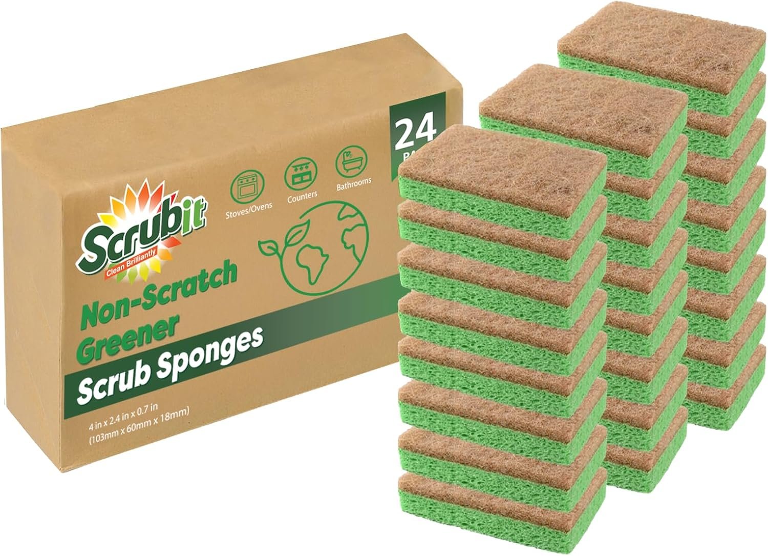 SCRUBIT 24 Pack Natural Sponges – Biodegradable Compostable Cellulose and Coconut Natural Sponges for Dishes, Eco Friendly Non Toxic Kitchen Sponge