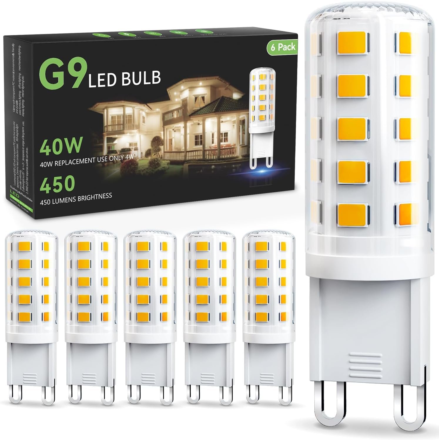 TJOY G9 LED Bulb 4W, 3000K Warm Soft White 6 Pack, 40 Watt Eq, G9 Base,120V | T4 G9 Halogen Replacement, G 9 Bi-pin Base Light Bulbs for Chandelier, 450 LM 360 Beam Angle for Home Lighting, Non-dimmable