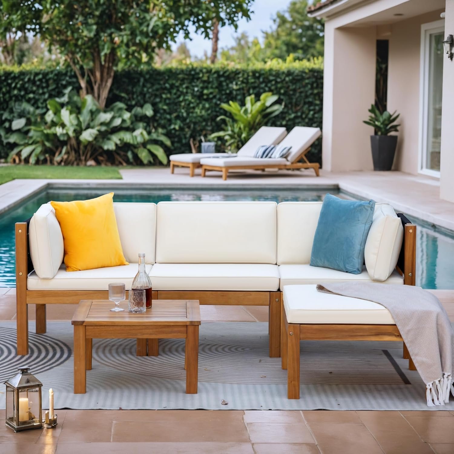 Greesum 5 Pieces Small Patio Sofa | Acacia Wood Outdoor Conversation Sets with Tea Table for Garden Porch and Backyard, Beige