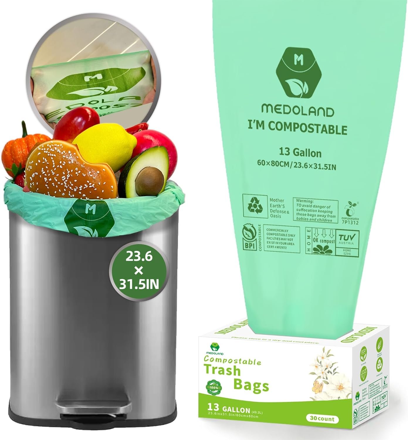 BPI Certified Compostable Trash Bags 13Gallon (30 Count) – 3X Thicker Than Regular, Leak & Tear Resistant for Kitchen/Garden/Food Waste, 90-Day Breakdown in Home/Industrial Use, 0.91mils Plant-Based