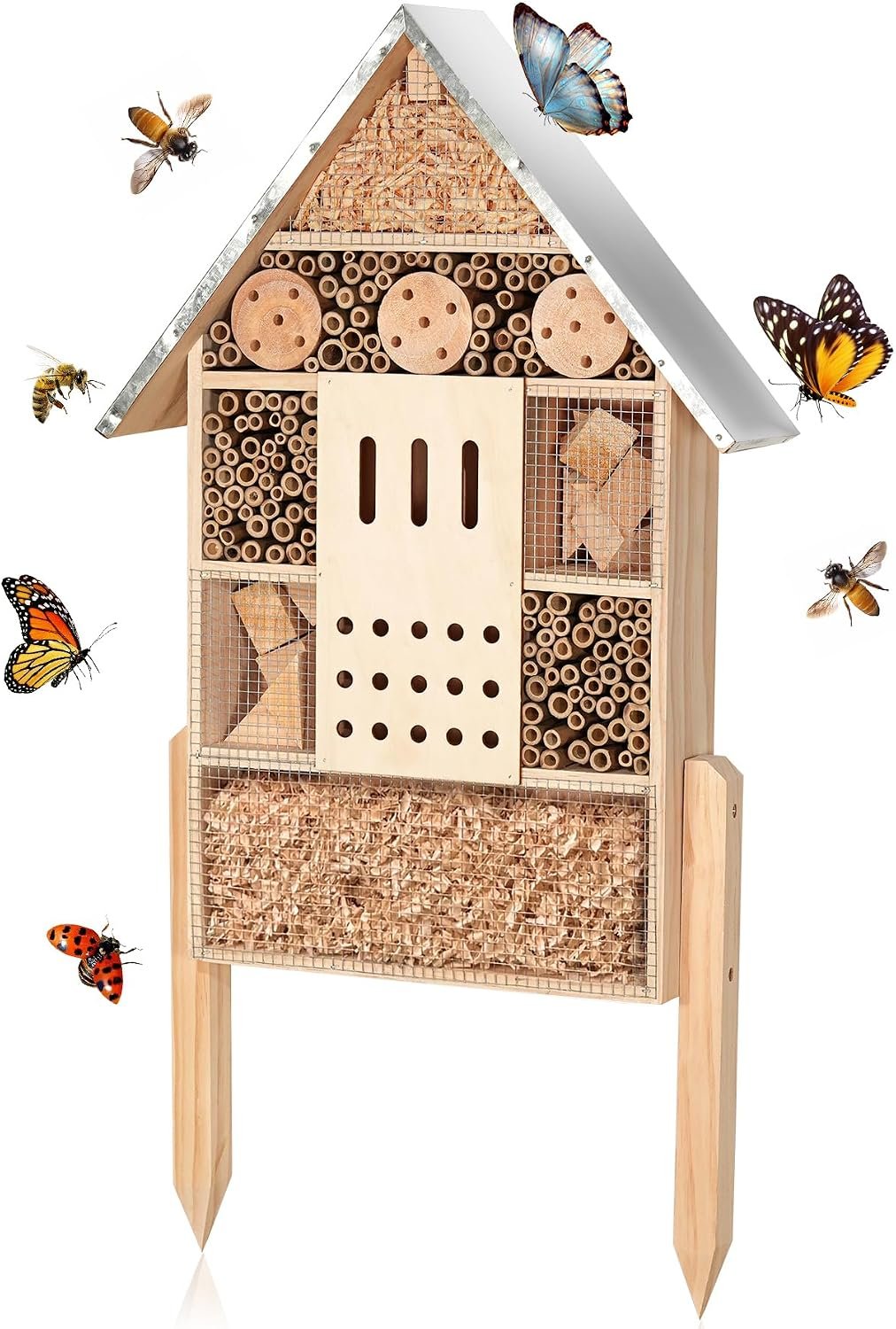 antiai Extra Large Wooden Insect House with Stakes,Wood Mason Bee Butterfly House,Insect Hotel,an Outdoor Bamboo Habitat for Ladybugs Live,Bee Box,Butterfly Habitat for Garden and Yard,30″ H x15 W