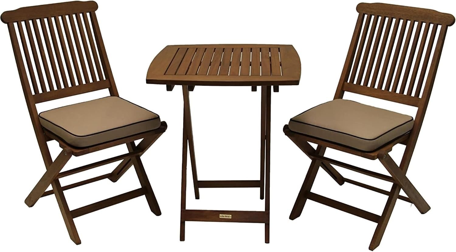 Eucalyptus Wood 3-Piece Square Foldable Bistro Outdoor Furniture Patio Set, Table and 2 Chairs with Cushions, Beige